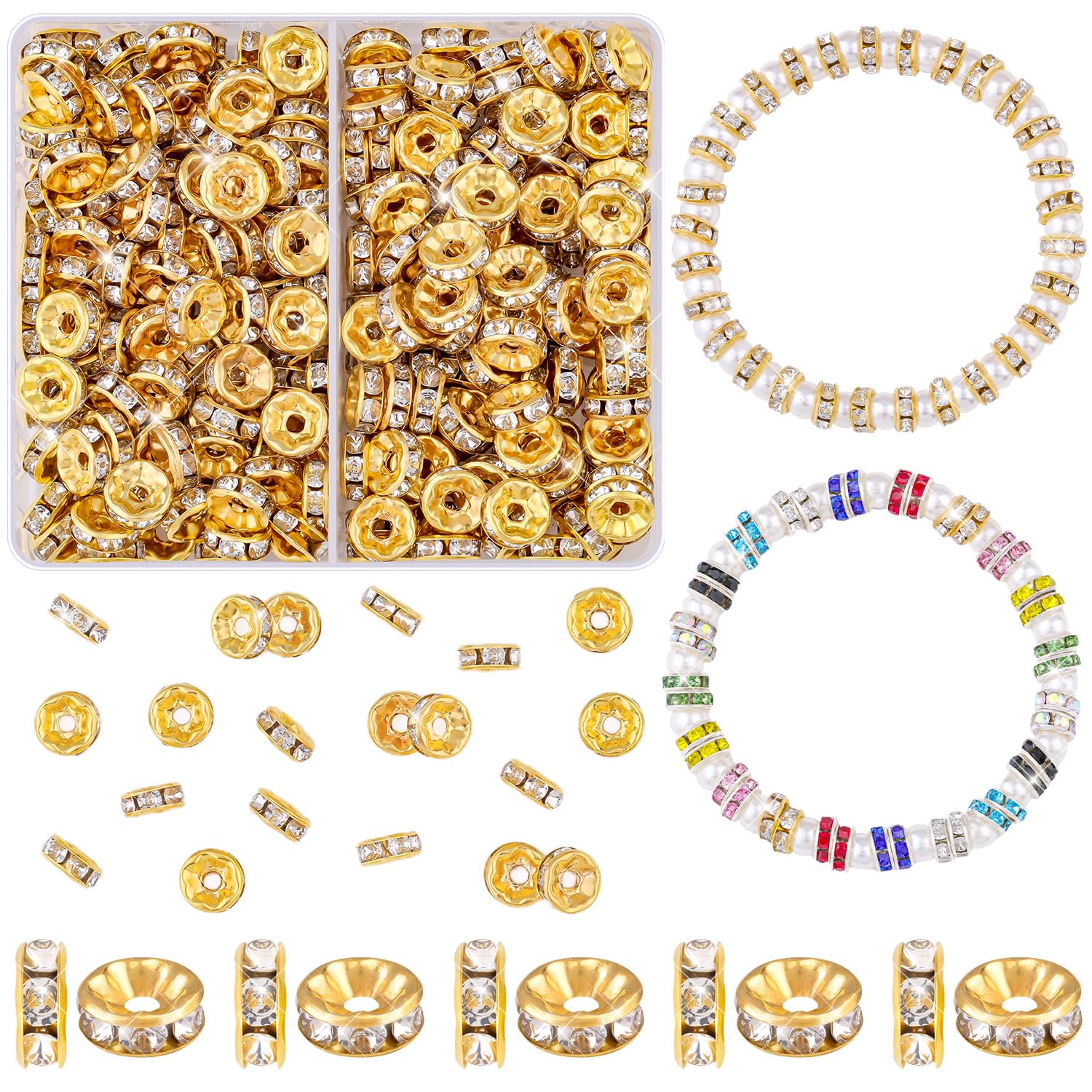 TINKRSTUFF 900 pcs 8mm Spacer Beads for Jewelry Making, 15 Colors Rondelle Bead Spacers Box, Fancy Sparkle Crystal Rhinestone Loose Beads for Bracelet Necklace Earring and Pens DIY Dec