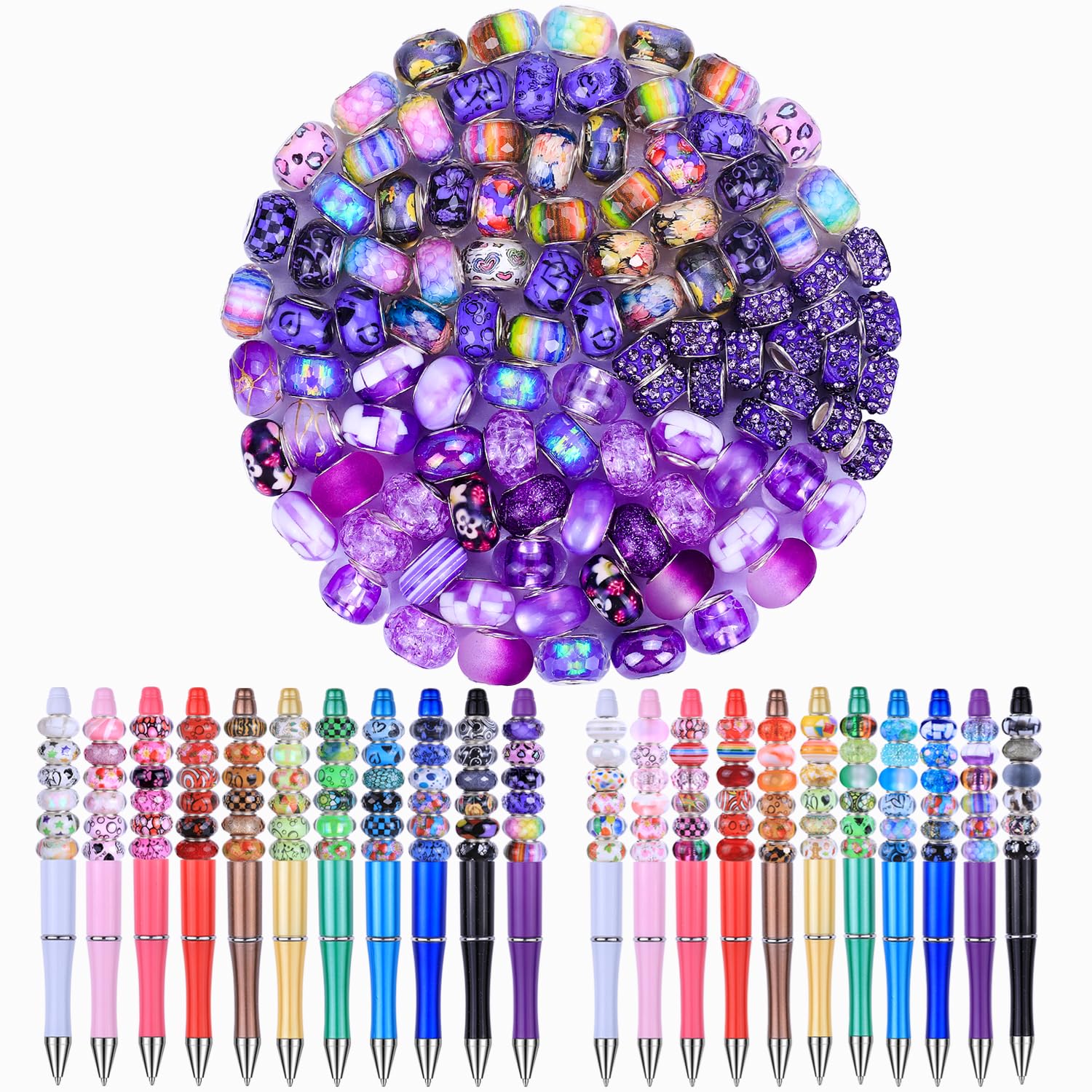 Aipridy Large Hole European Beads, Assorted Mixed Color Lampwork Spacer Beads for DIY Bracelet Jewelry Making, Craft Supplies Kit (100, White)