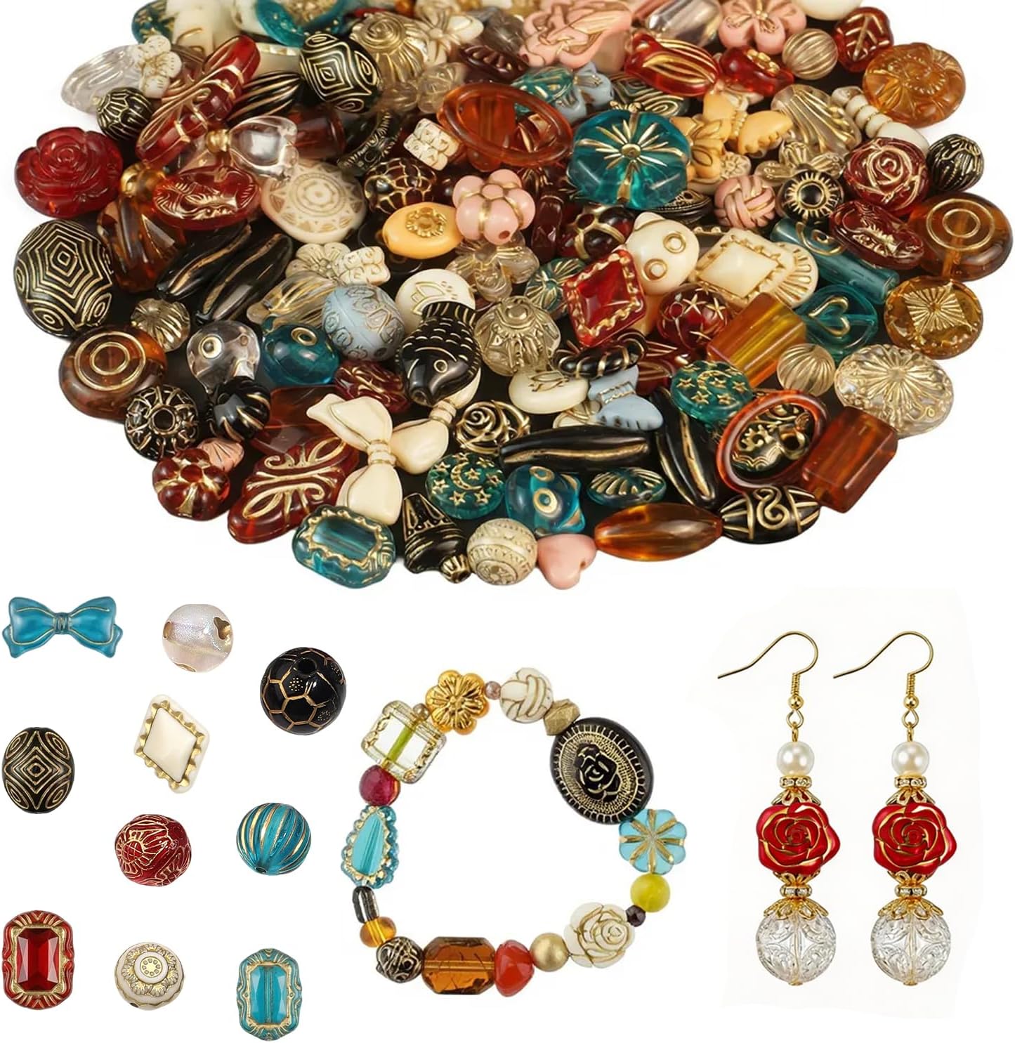 120-160Pcs Cute Assorted Kawaii Aesthetic Beads 100G Vintage Bohemian Acrylic Bead in Bulk Round Oval Butterfly Flower Czech Style Beads Jewelry Making Metal Enlaced Charm DIY Craft（Dark Colorful）