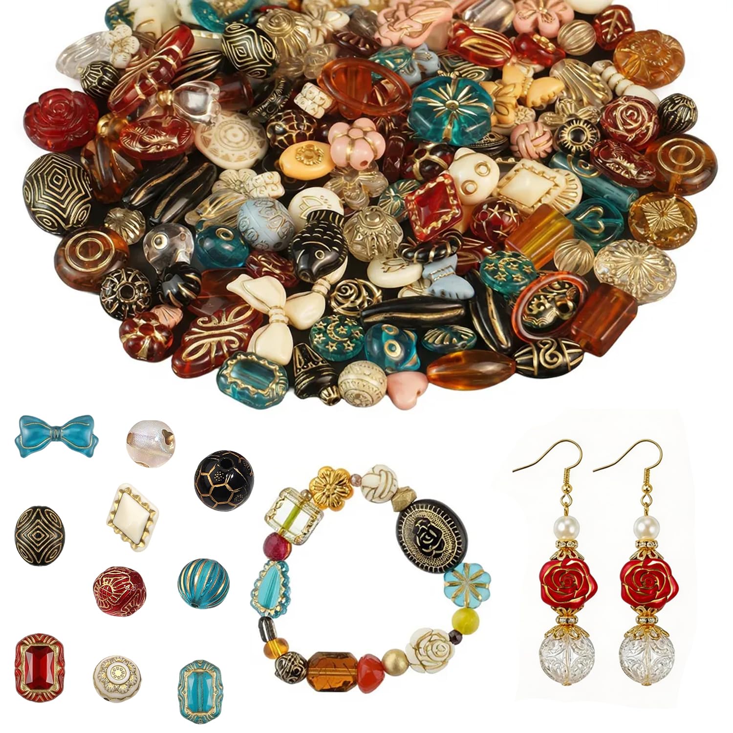 120-160Pcs Cute Assorted Kawaii Aesthetic Beads 100G Vintage Bohemian Acrylic Bead in Bulk Round Oval Butterfly Flower Czech Style Beads Jewelry Making Metal Enlaced Charm DIY Craft（Dark Colorful）