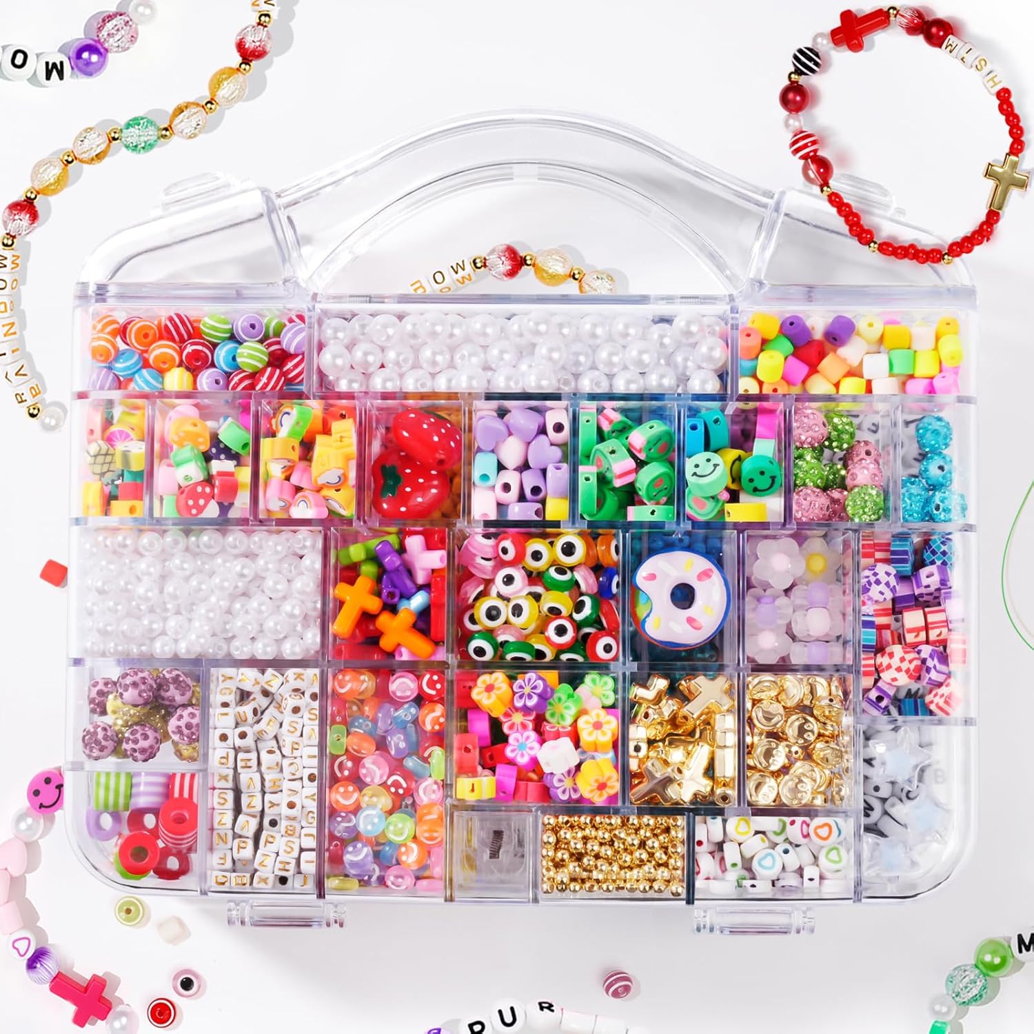 Bracelet Making Kit with 2000+ Pcs Beads (50 Types) – Pony, Kandi, Polymer Clay, Smile Face & Letter Beads for Jewelry Making, DIY Craft Set with Storage Box for Kids Adults