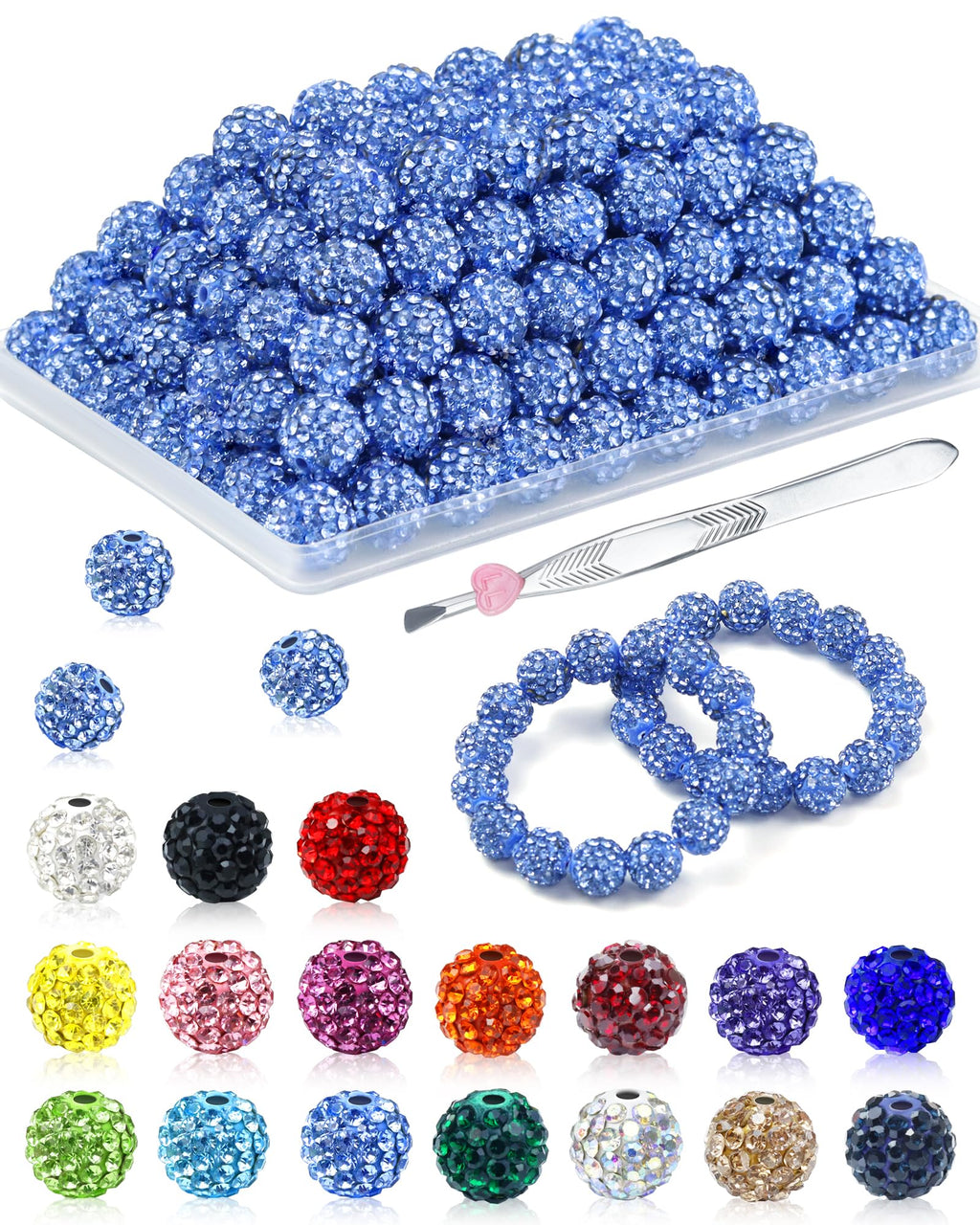 200PCS FIVEIZERO Rhinestone Beads for Jewelry Making, 15 Colors Round Sparkle Crystal Clay Bead Bulk Sparkly Baseball Necklace Beads for Bracelets and DIY Crafts