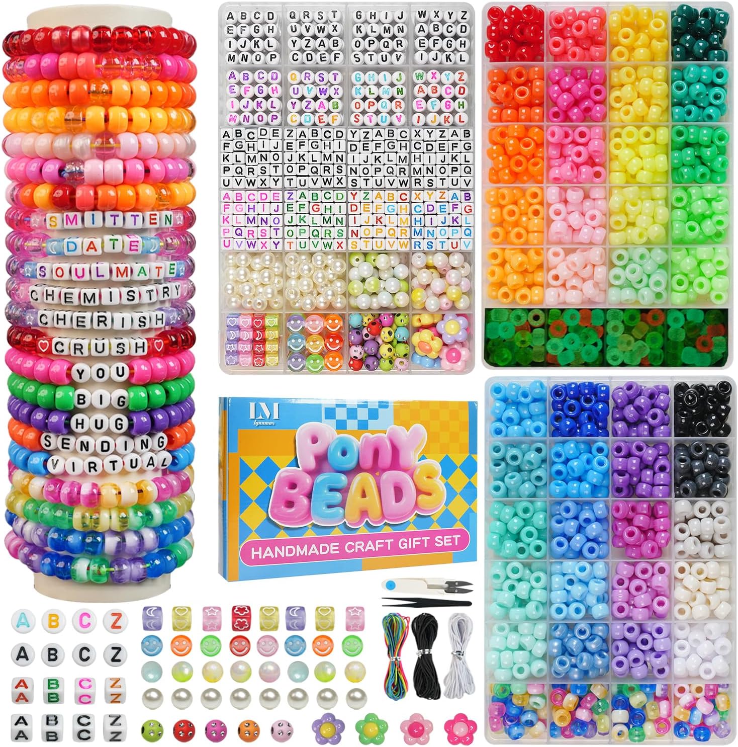 Lynnmos 3 Boxes Bracelet Making Kit Pony Beads, 2400Pcs 55 Colors Jewelry Making Supplies for Friendship Bracelets, DIY Crafts with Elastic Cords, Gifts for Girls