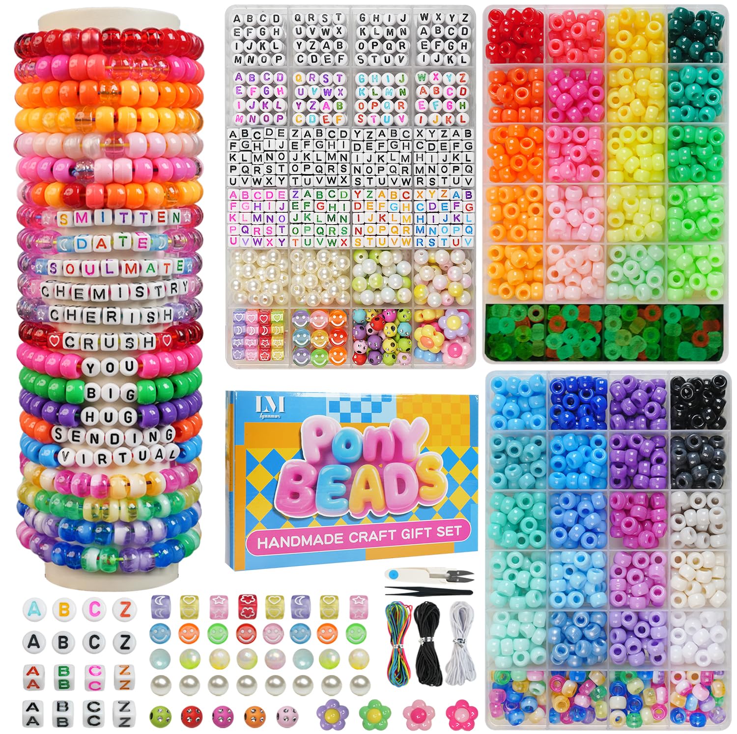Lynnmos 3 Boxes Bracelet Making Kit Pony Beads, 2400Pcs 55 Colors Jewelry Making Supplies for Friendship Bracelets, DIY Crafts with Elastic Cords, Gifts for Girls