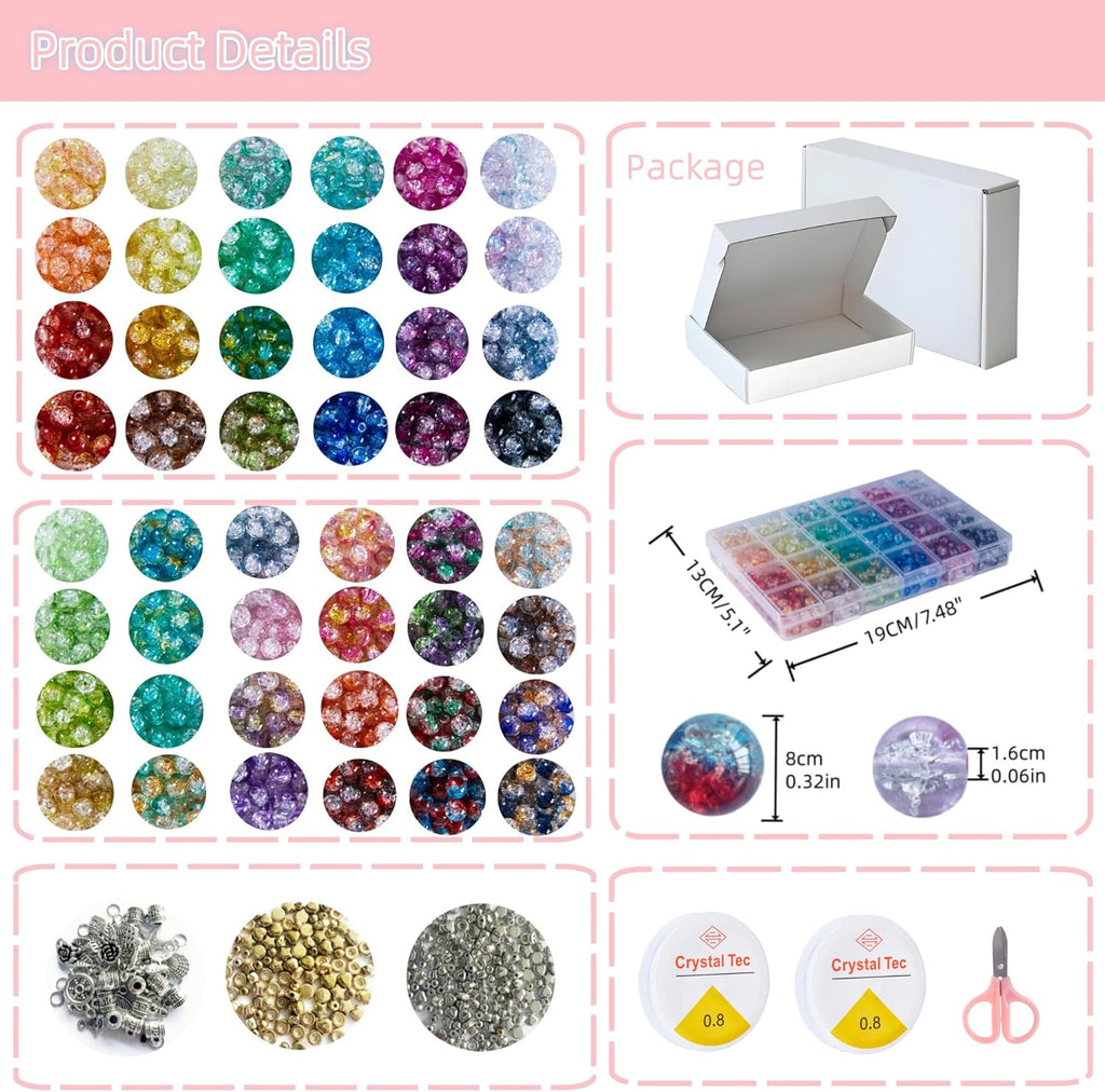 REVKI 1300PCS 8mm Mixed Crackle Glass Beads for Bracelets Making with Accessories, 48 Colors Crystal Glass Beads Jewelry Making Kit, Round Beads for DIY Bracelet Crafts