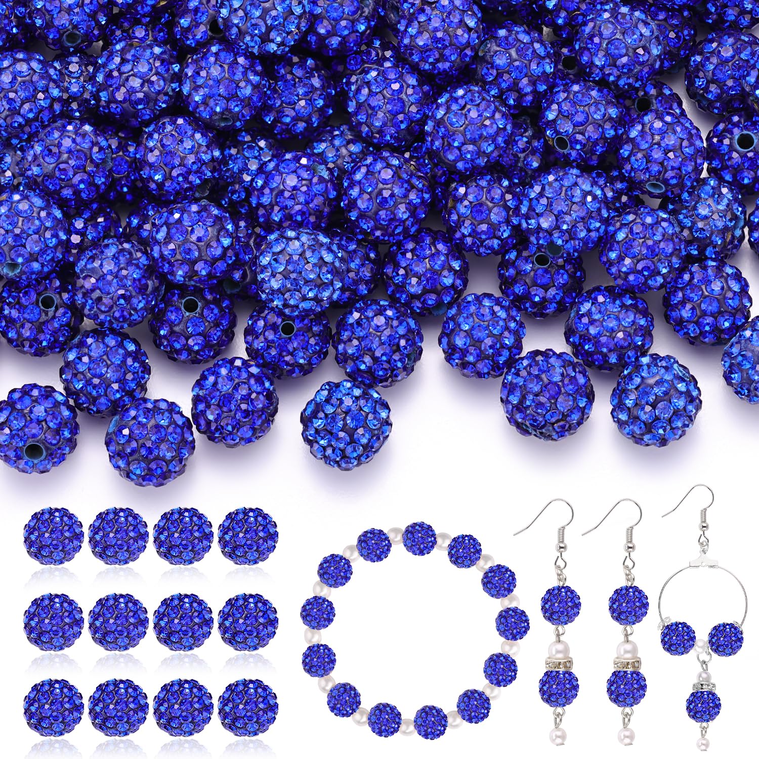 120 pcs 10mm Rhinestone Beads for Jewelry Making, 12 Mixed Colors Shiny Round Shamballa Disco Ball Beads, Sparkle Crystal Clay Christmas for Bracelet Baseball Necklace Earring and DIY