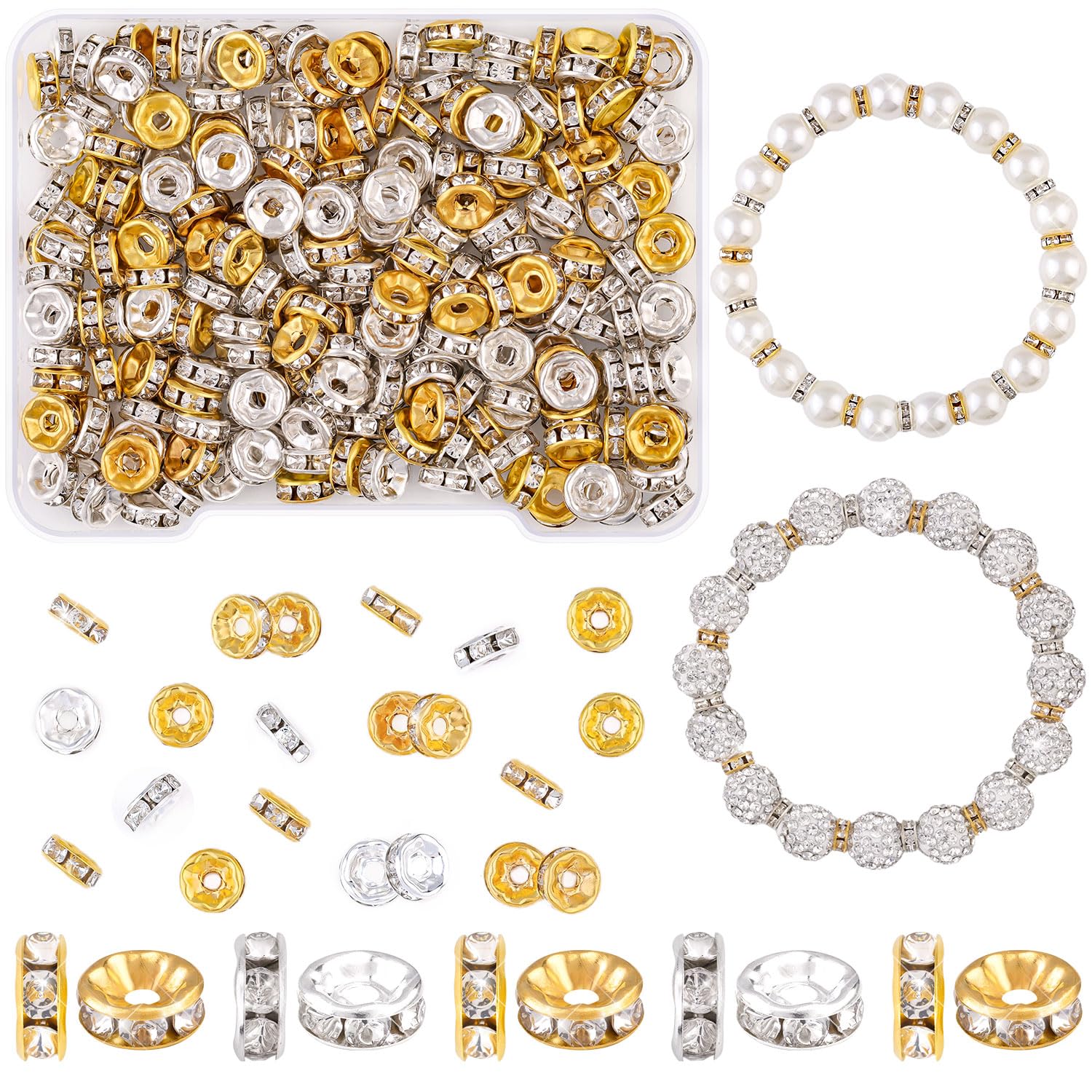 TINKRSTUFF 900 pcs 8mm Spacer Beads for Jewelry Making, 15 Colors Rondelle Bead Spacers Box, Fancy Sparkle Crystal Rhinestone Loose Beads for Bracelet Necklace Earring and Pens DIY Dec