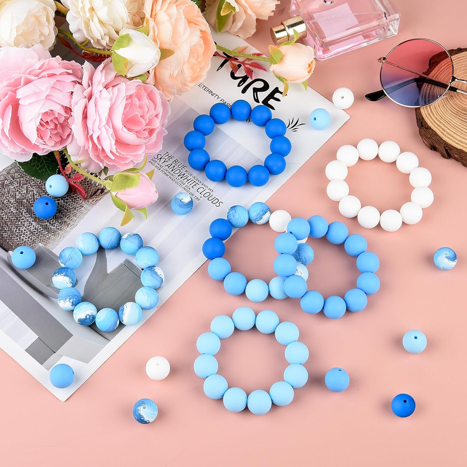 ASTARON 100 Pcs 15mm Silicone Beads for Keychain Making, White Blue Silicone Round Beads Bulk for Bracelets Pens Crafts Supplies