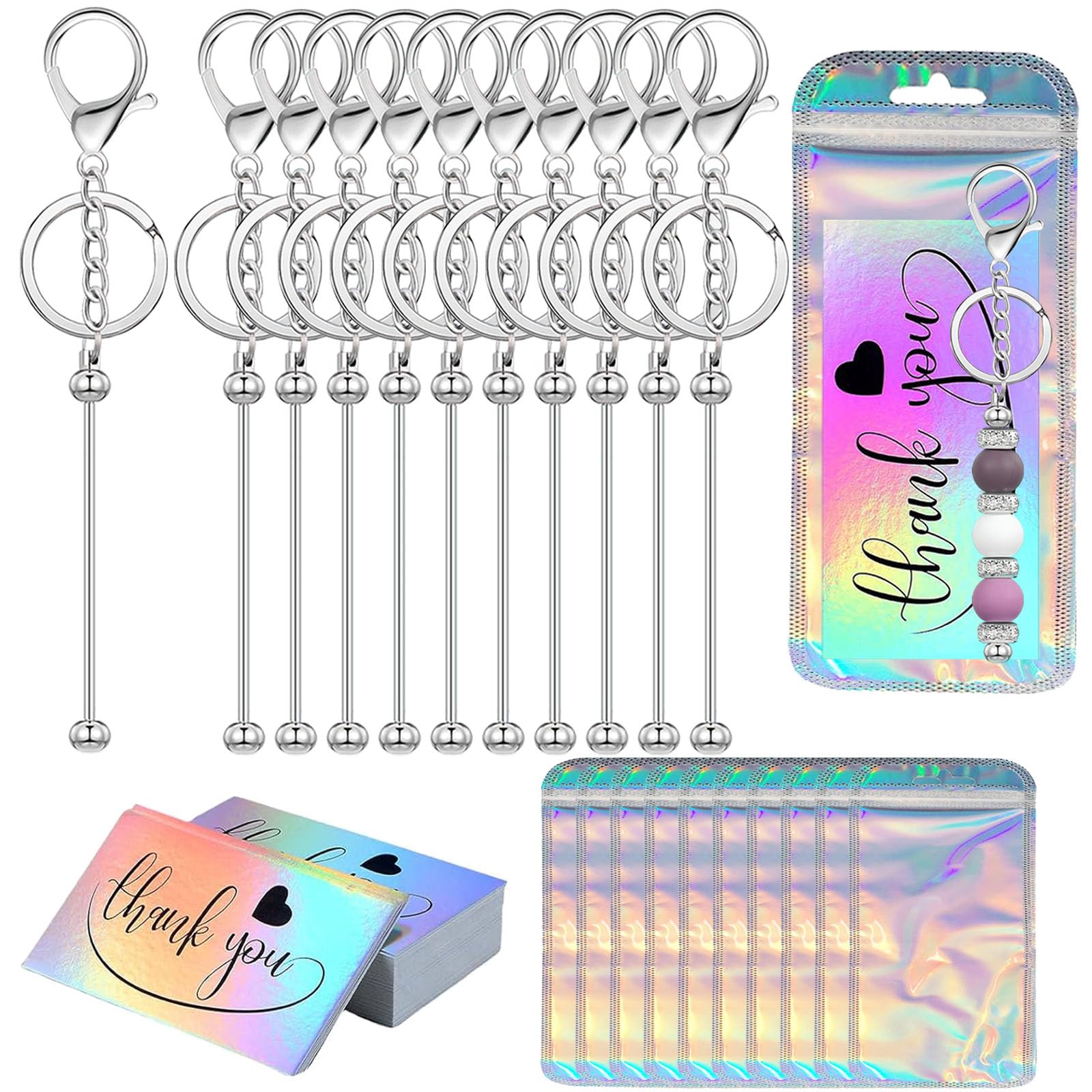 42/84/126 Pcs Beadable Keychain Bars Bulk Blank DIY Beaded Keychain Making Supplies with Bag Thank You Card