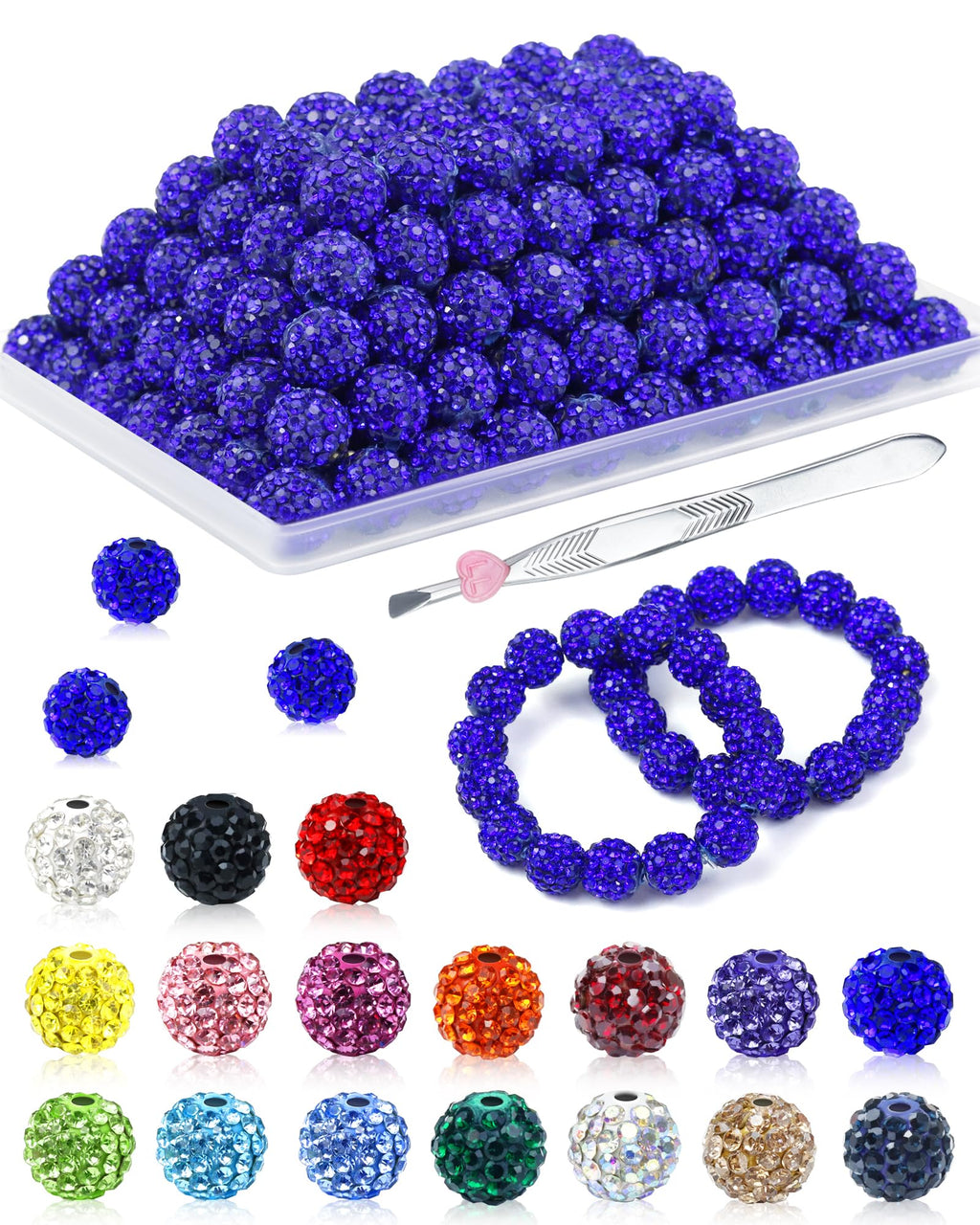 200PCS FIVEIZERO Rhinestone Beads for Jewelry Making, 15 Colors Round Sparkle Crystal Clay Bead Bulk Sparkly Baseball Necklace Beads for Bracelets and DIY Crafts