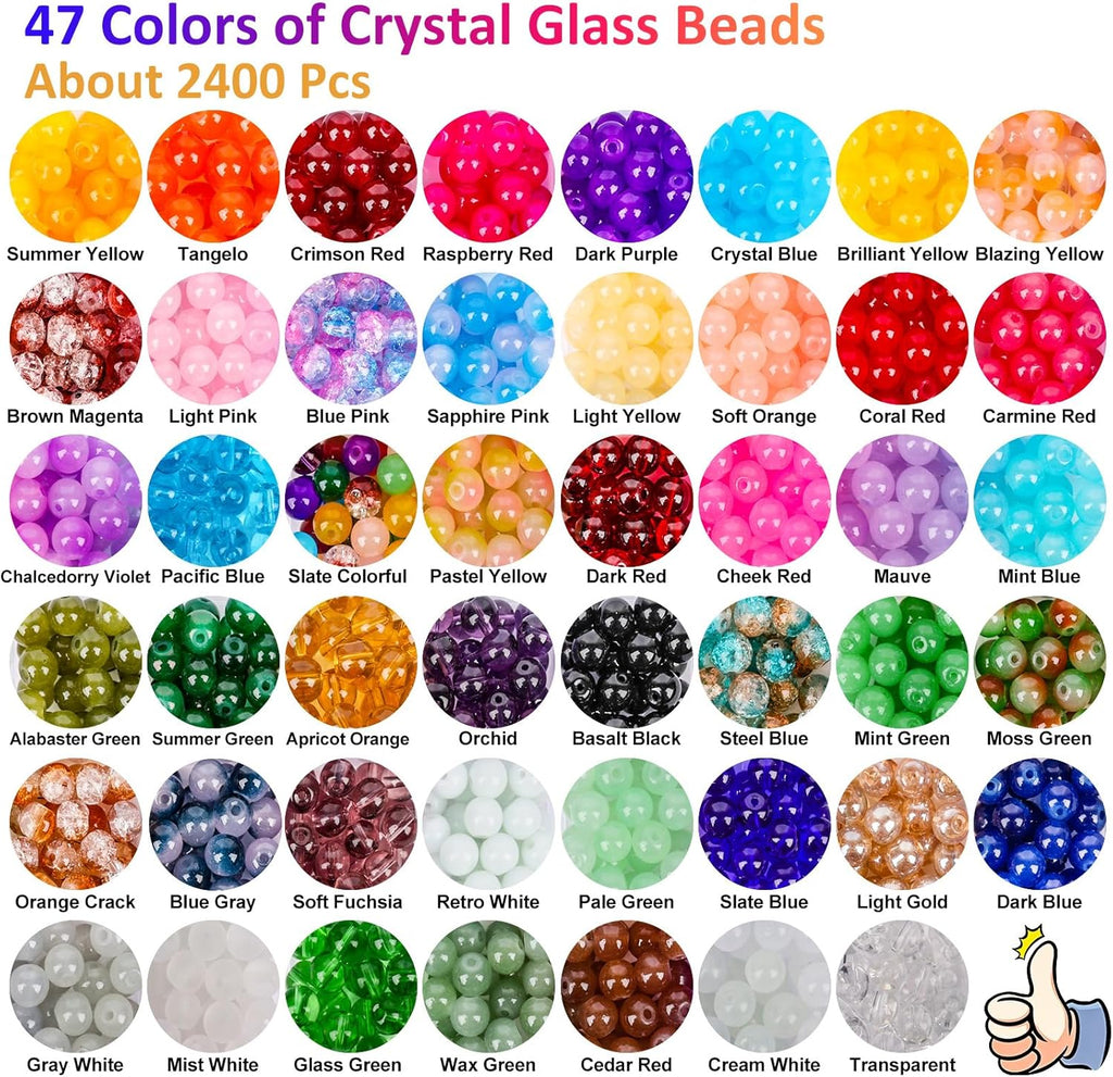 XSEINO 2400 PCS 8mm Glass Beads Bracelet Making Kit, 47 Colors Crystal Beads for Jewelry Making and DIY Crafts，4 Box Round Beads