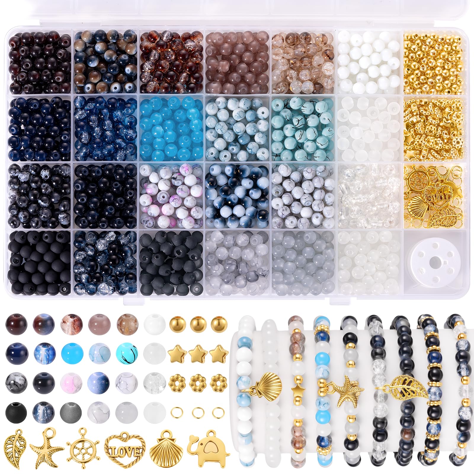 1368pcs 6mm Glass Beads for Bracelets, 34 Colors Crystal Beads for Jewelry Making, Funtopia Round Glass Beads for DIY Earrings Necklace Crafts with Spacer Beads and Charms, Solid and Gradient Colors