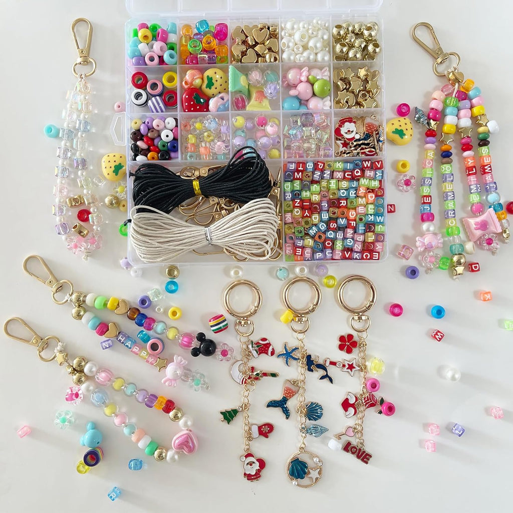 PHODDR 500+ Piece DIY Keychain Making Kit - Beaded Bag Decor Craft Set with Letter Beads and Pendants, Perfect for Girls and Teenagers - Birthday and Christmas Gift