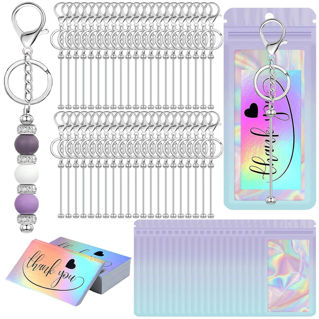 42/84/126 Pcs Beadable Keychain Bars Bulk Blank DIY Beaded Keychain Making Supplies with Bag Thank You Card