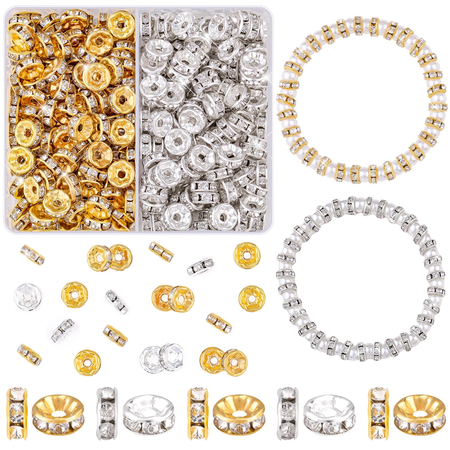 TINKRSTUFF 900 pcs 8mm Spacer Beads for Jewelry Making, 15 Colors Rondelle Bead Spacers Box, Fancy Sparkle Crystal Rhinestone Loose Beads for Bracelet Necklace Earring and Pens DIY Dec