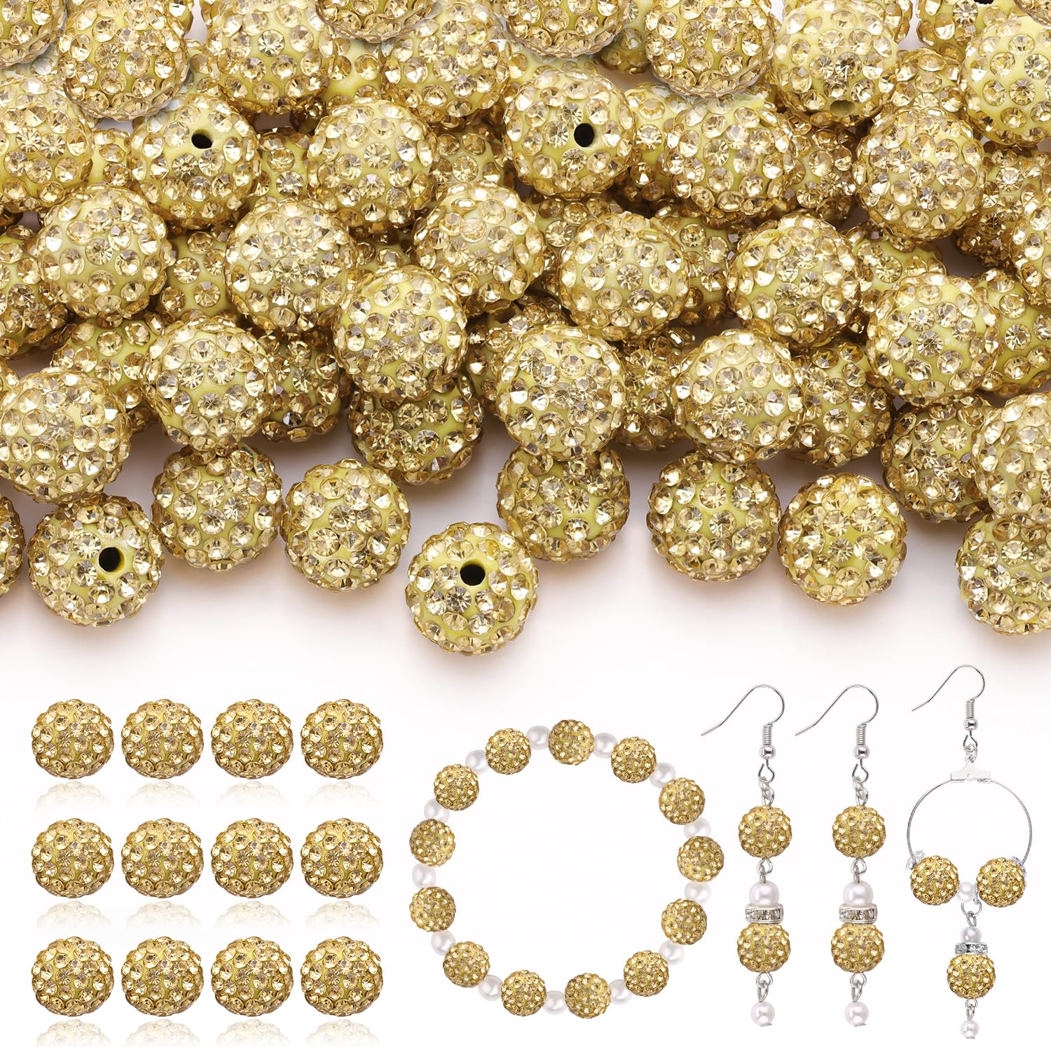 120 pcs 10mm Rhinestone Beads for Jewelry Making, 12 Mixed Colors Shiny Round Shamballa Disco Ball Beads, Sparkle Crystal Clay Christmas for Bracelet Baseball Necklace Earring and DIY