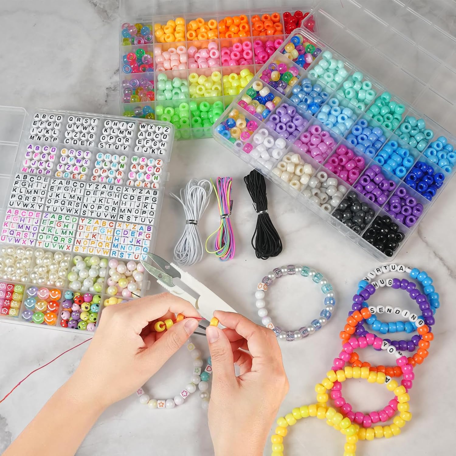 Lynnmos 3 Boxes Bracelet Making Kit Pony Beads, 2400Pcs 55 Colors Jewelry Making Supplies for Friendship Bracelets, DIY Crafts with Elastic Cords, Gifts for Girls