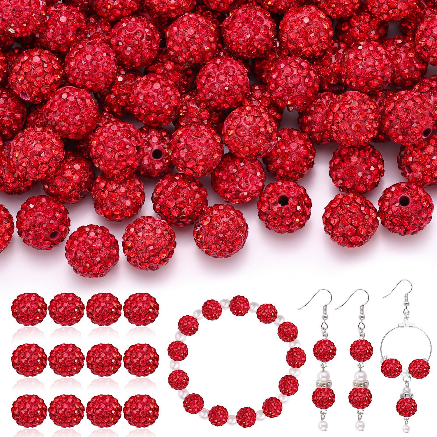 120 pcs 10mm Rhinestone Beads for Jewelry Making, 12 Mixed Colors Shiny Round Shamballa Disco Ball Beads, Sparkle Crystal Clay Christmas for Bracelet Baseball Necklace Earring and DIY