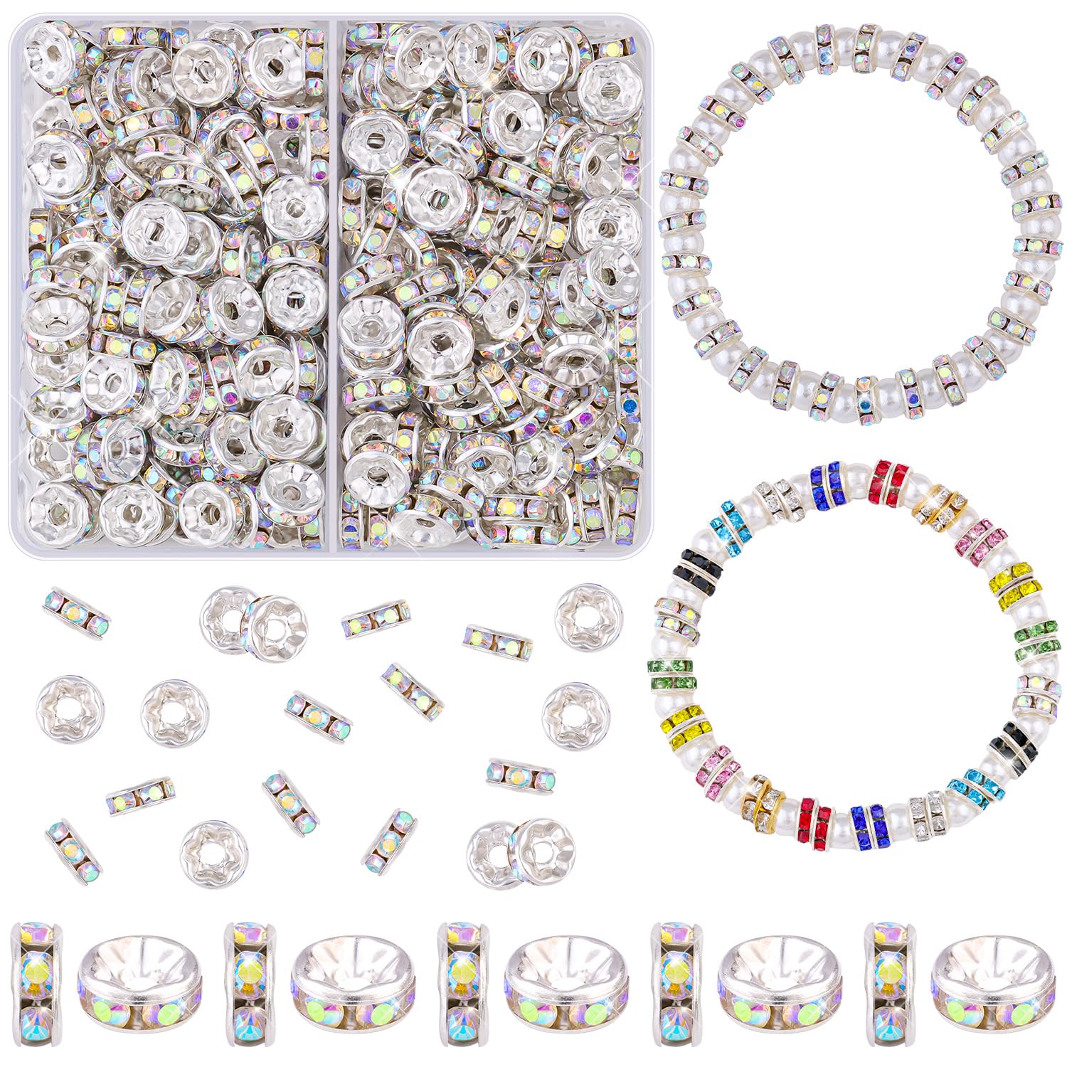 TINKRSTUFF 900 pcs 8mm Spacer Beads for Jewelry Making, 15 Colors Rondelle Bead Spacers Box, Fancy Sparkle Crystal Rhinestone Loose Beads for Bracelet Necklace Earring and Pens DIY Dec