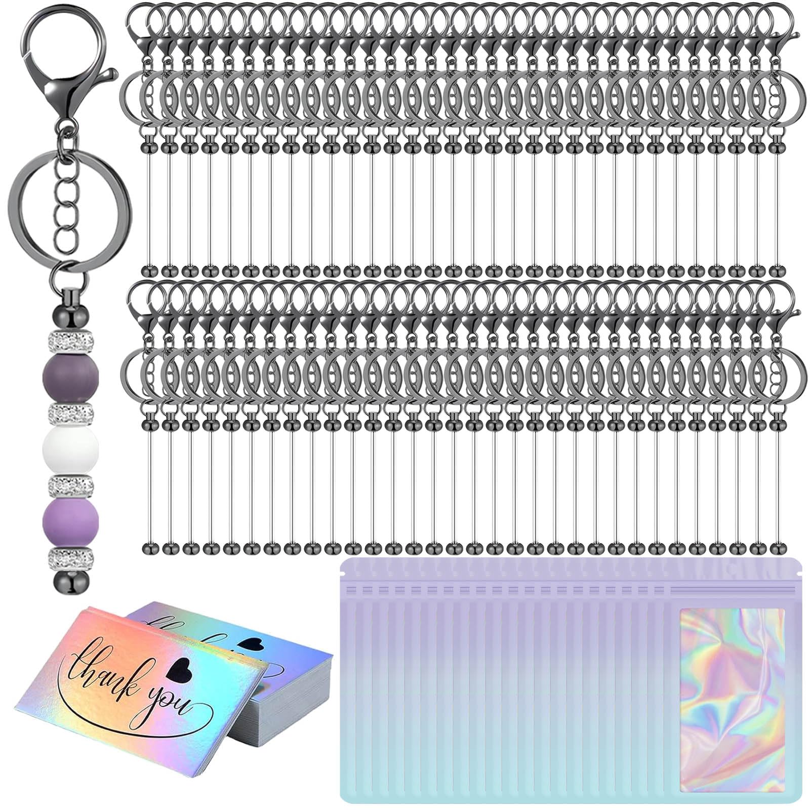 42/84/126 Pcs Beadable Keychain Bars Bulk Blank DIY Beaded Keychain Making Supplies with Bag Thank You Card