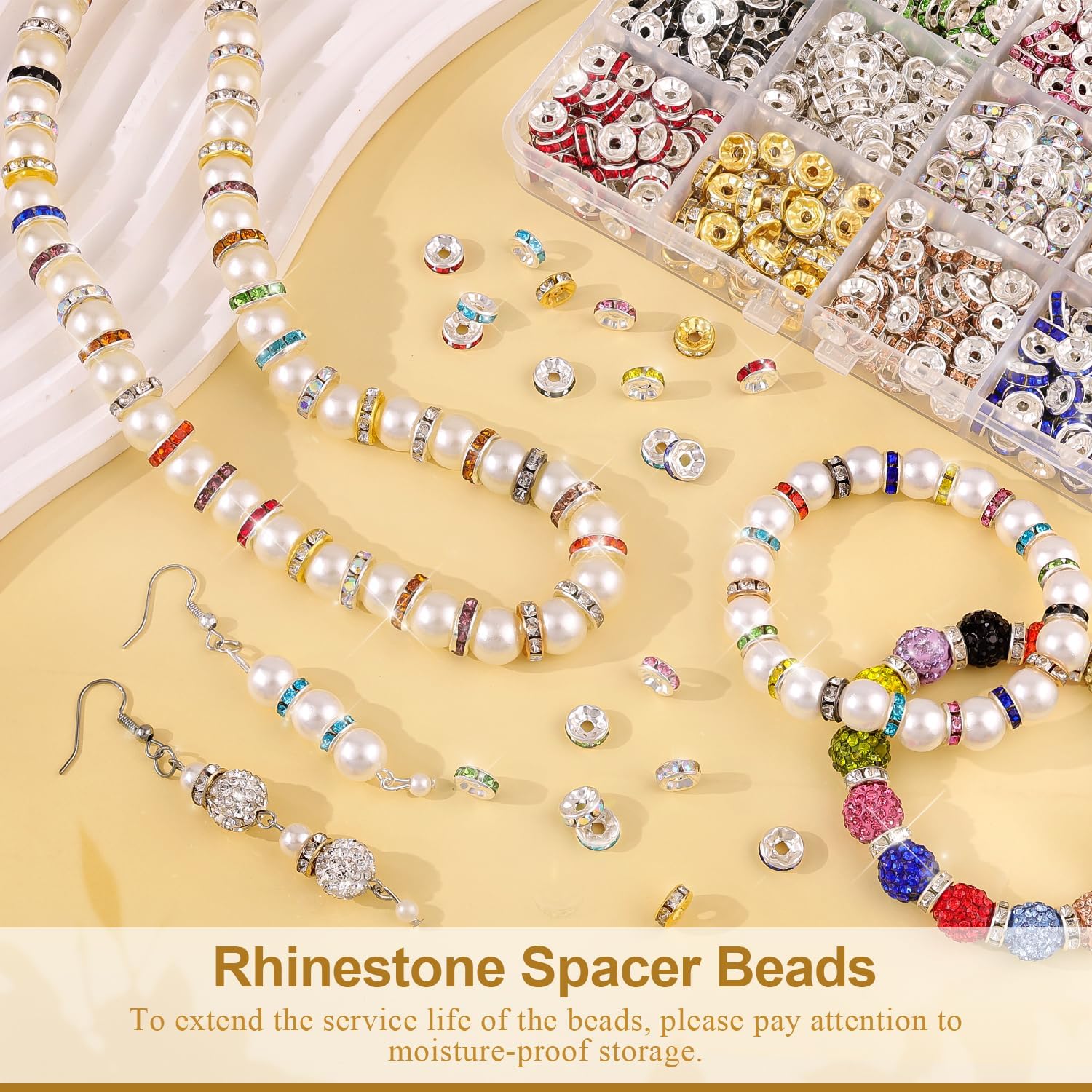 TINKRSTUFF 900 pcs 8mm Spacer Beads for Jewelry Making, 15 Colors Rondelle Bead Spacers Box, Fancy Sparkle Crystal Rhinestone Loose Beads for Bracelet Necklace Earring and Pens DIY Dec