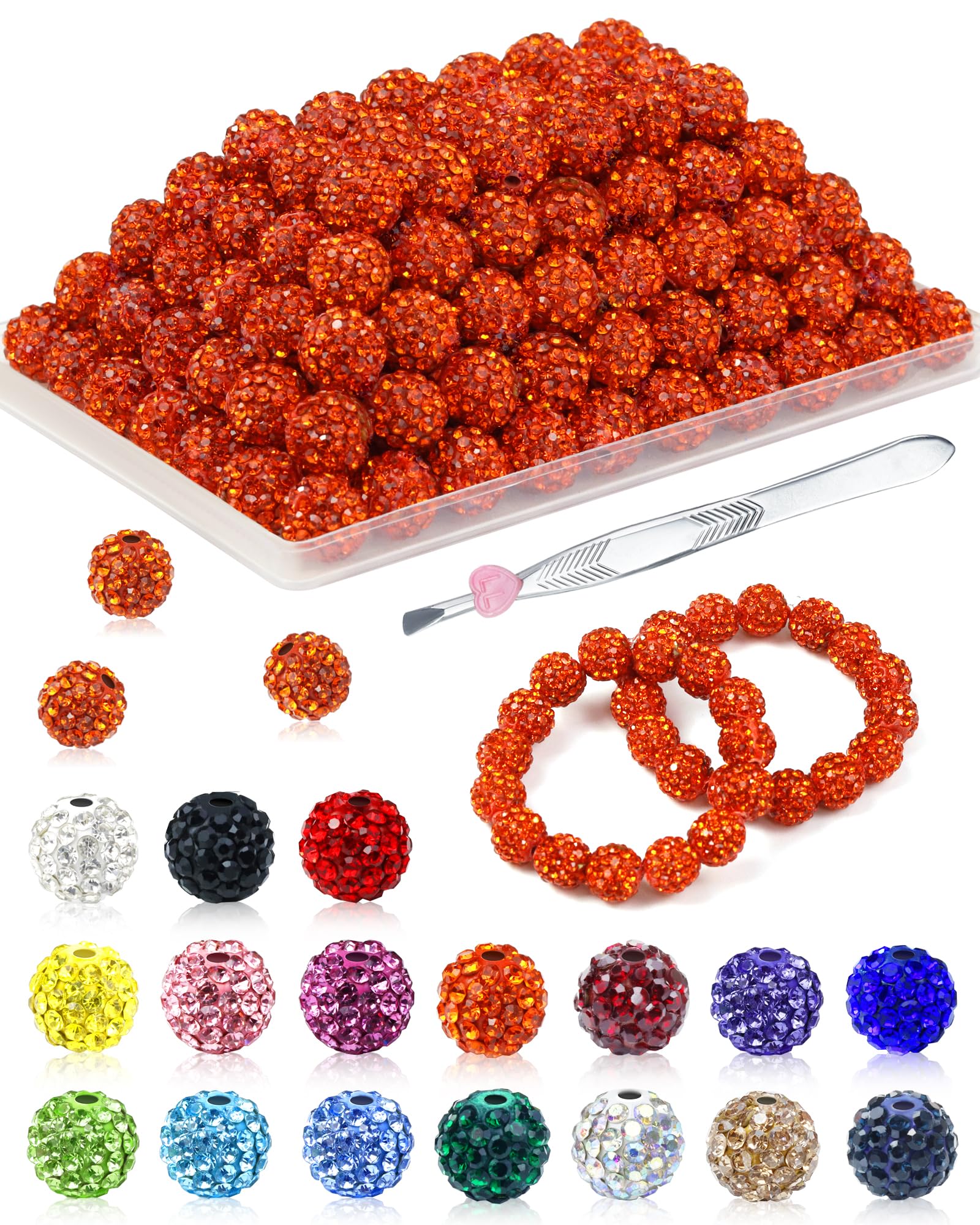 200PCS FIVEIZERO Rhinestone Beads for Jewelry Making, 15 Colors Round Sparkle Crystal Clay Bead Bulk Sparkly Baseball Necklace Beads for Bracelets and DIY Crafts