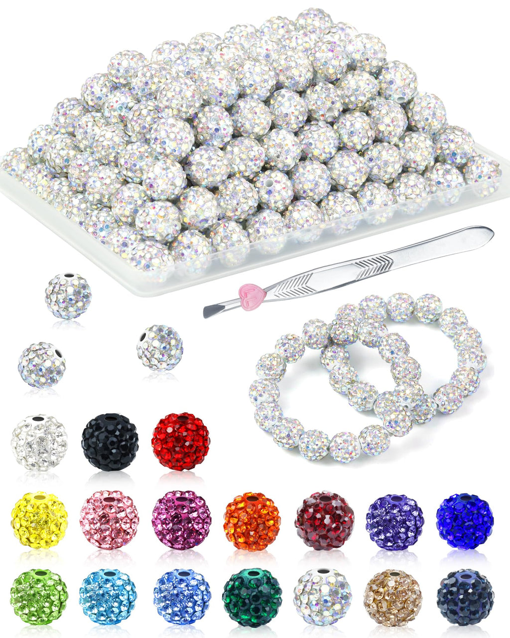 200PCS FIVEIZERO Rhinestone Beads for Jewelry Making, 15 Colors Round Sparkle Crystal Clay Bead Bulk Sparkly Baseball Necklace Beads for Bracelets and DIY Crafts