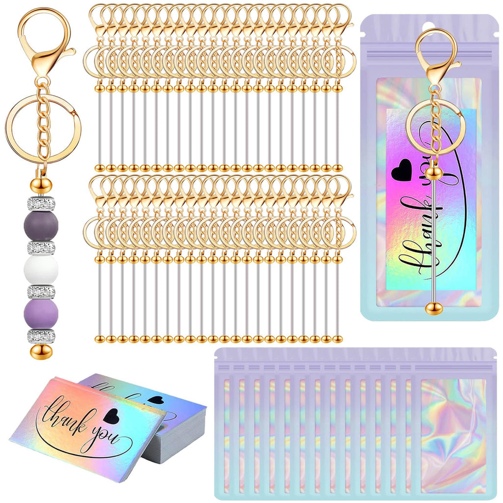 42/84/126 Pcs Beadable Keychain Bars Bulk Blank DIY Beaded Keychain Making Supplies with Bag Thank You Card