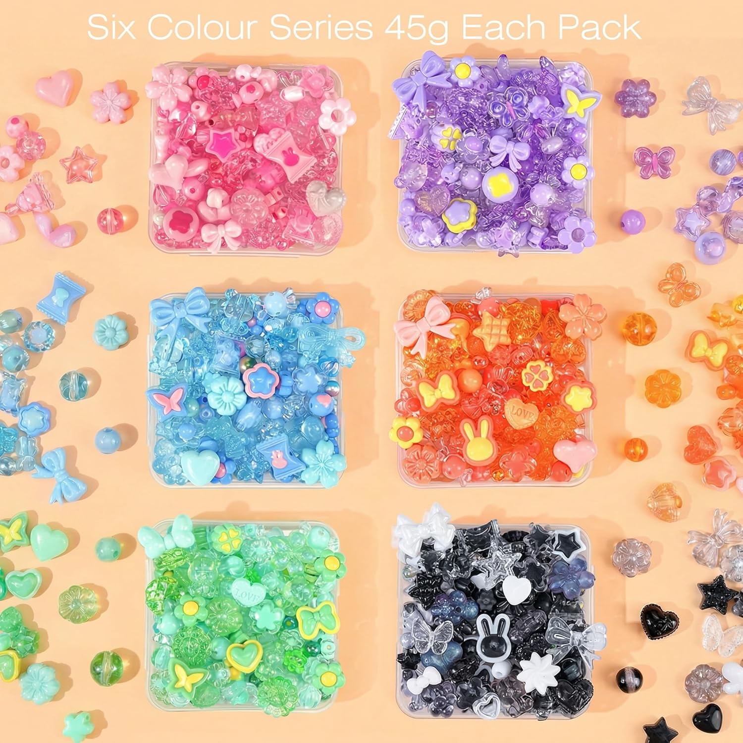Sistenia 480PCS Acrylic Beads for Bracelet Making Kit with String, 6 Colors Assorted Cute Beads Bracelet Charms for Jewelry Making, Kawaii Bow Star Flower Shape for DIY Keychain Bag Necklace Charms