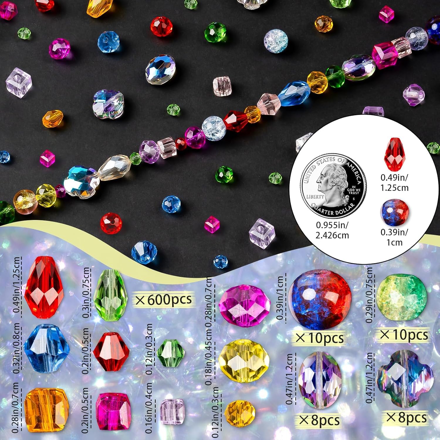 636pcs Glass Beads for Jewelry Making Assorted - Mixed Colorful Rainbow Craft Bead Bulk with Holes, Crystal Bead for Suncatchers Faceted Glass Beads for Bracelets Earring Making Birthday Gifts
