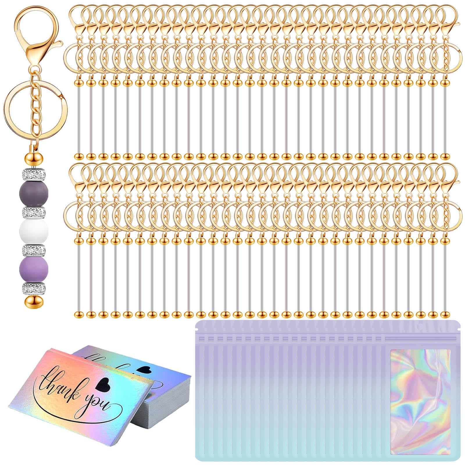 42/84/126 Pcs Beadable Keychain Bars Bulk Blank DIY Beaded Keychain Making Supplies with Bag Thank You Card