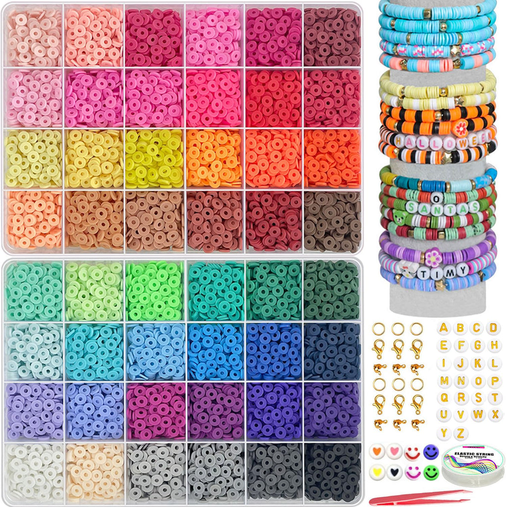 YMSDZHL 6000+PCS Clay Beads Bracelet Making Kit,24 Color DIY Flat Preppy Beads for Friendship Jewelry Making,Polymer Heishi Beads with Charms Gifts for Teen Girls Crafts for Ages 4-12
