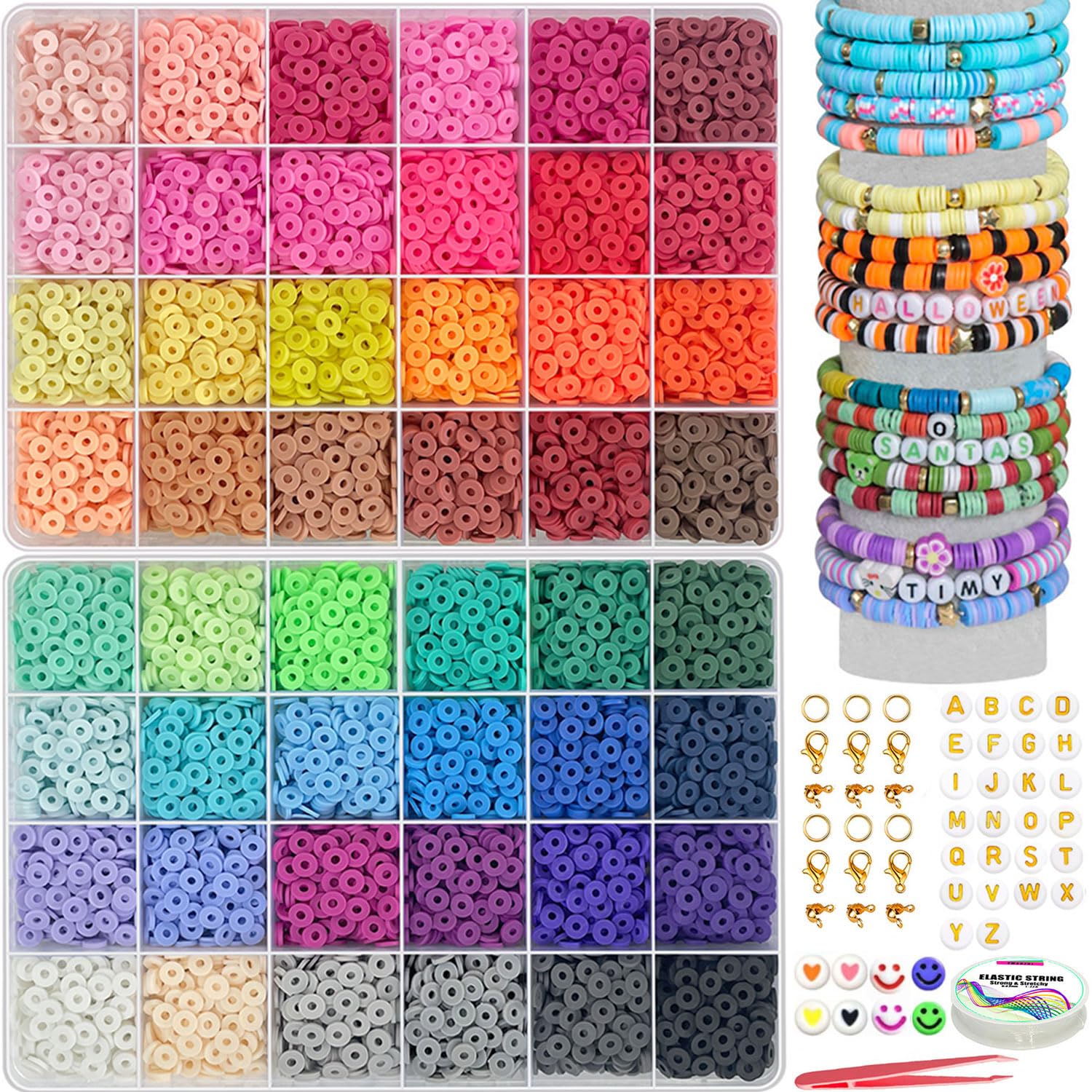 YMSDZHL 6000+PCS Clay Beads Bracelet Making Kit,24 Color DIY Flat Preppy Beads for Friendship Jewelry Making,Polymer Heishi Beads with Charms Gifts for Teen Girls Crafts for Ages 4-12