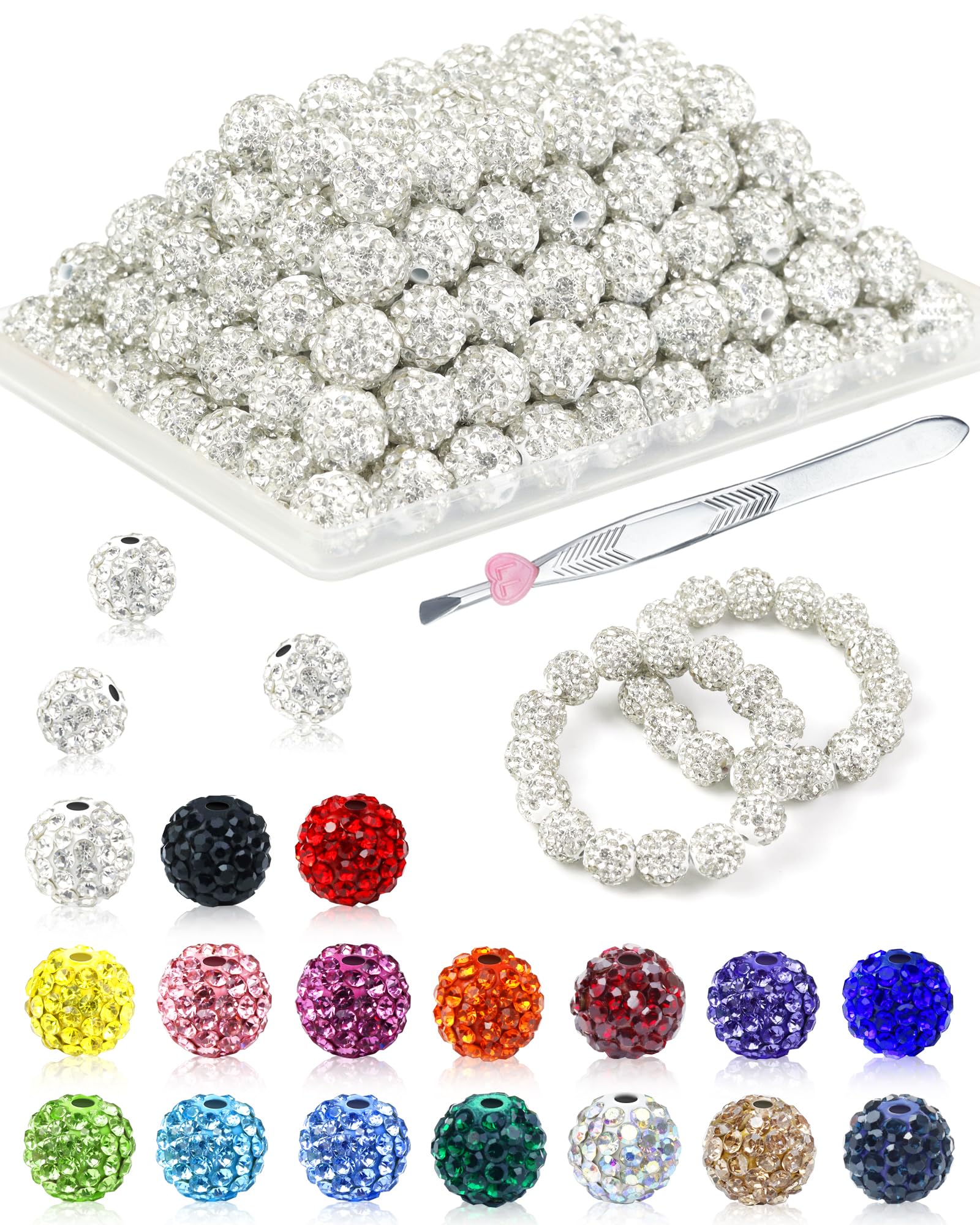 200PCS FIVEIZERO Rhinestone Beads for Jewelry Making, 15 Colors Round Sparkle Crystal Clay Bead Bulk Sparkly Baseball Necklace Beads for Bracelets and DIY Crafts