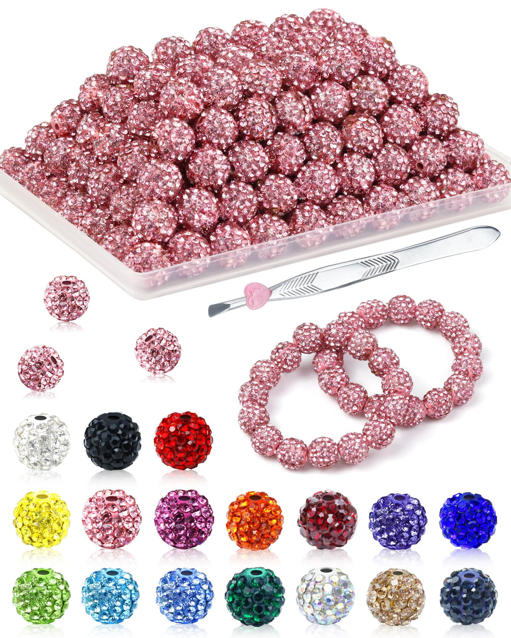 200PCS FIVEIZERO Rhinestone Beads for Jewelry Making, 15 Colors Round Sparkle Crystal Clay Bead Bulk Sparkly Baseball Necklace Beads for Bracelets and DIY Crafts