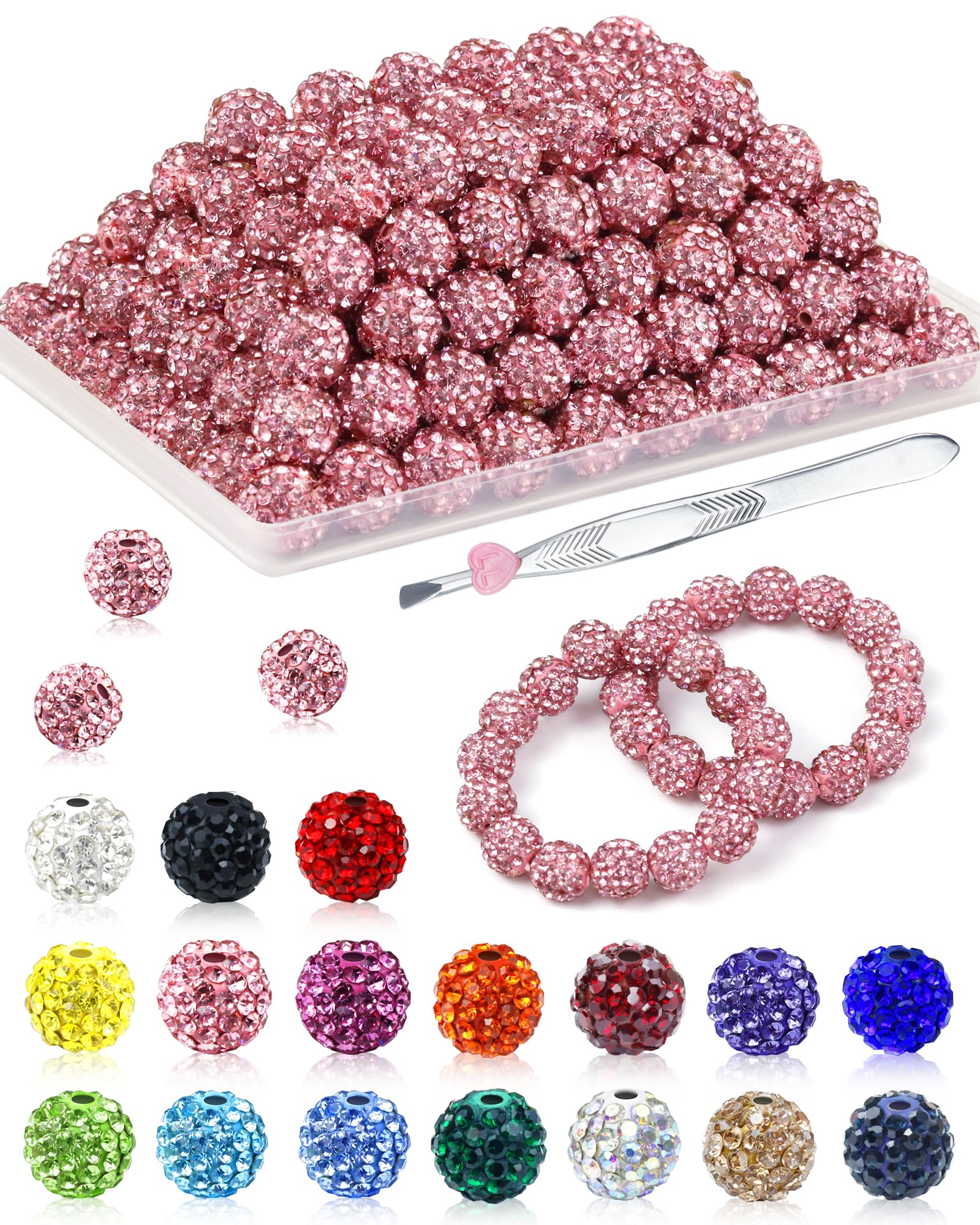 200PCS FIVEIZERO Rhinestone Beads for Jewelry Making, 15 Colors Round Sparkle Crystal Clay Bead Bulk Sparkly Baseball Necklace Beads for Bracelets and DIY Crafts