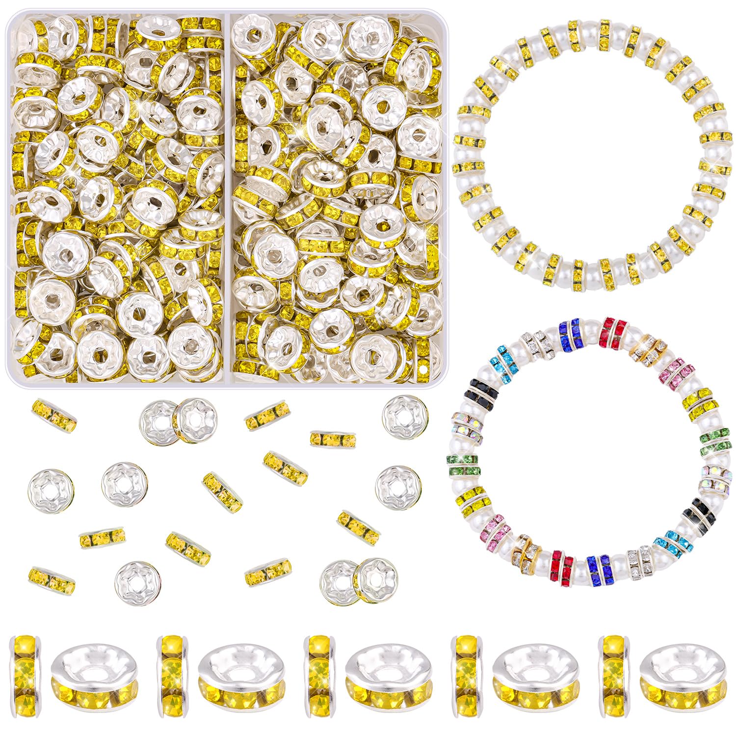 TINKRSTUFF 900 pcs 8mm Spacer Beads for Jewelry Making, 15 Colors Rondelle Bead Spacers Box, Fancy Sparkle Crystal Rhinestone Loose Beads for Bracelet Necklace Earring and Pens DIY Dec