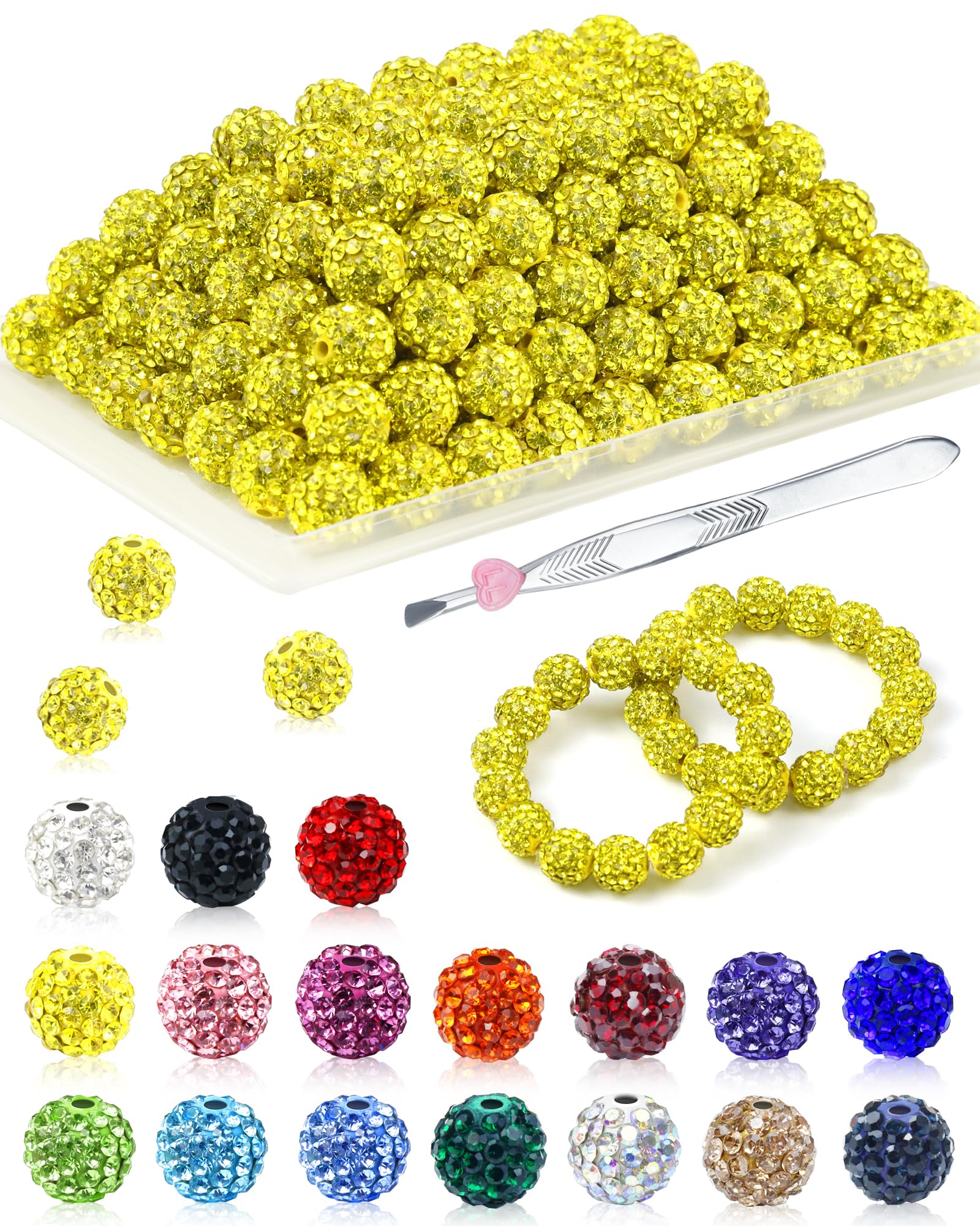 200PCS FIVEIZERO Rhinestone Beads for Jewelry Making, 15 Colors Round Sparkle Crystal Clay Bead Bulk Sparkly Baseball Necklace Beads for Bracelets and DIY Crafts