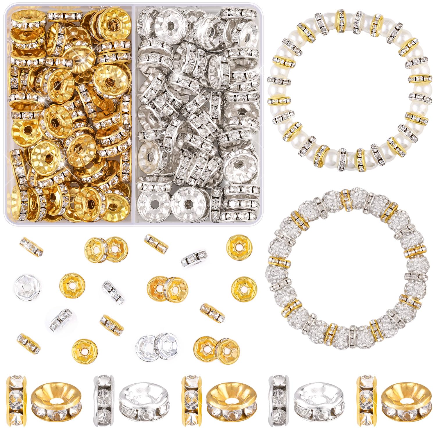 TINKRSTUFF 900 pcs 8mm Spacer Beads for Jewelry Making, 15 Colors Rondelle Bead Spacers Box, Fancy Sparkle Crystal Rhinestone Loose Beads for Bracelet Necklace Earring and Pens DIY Dec