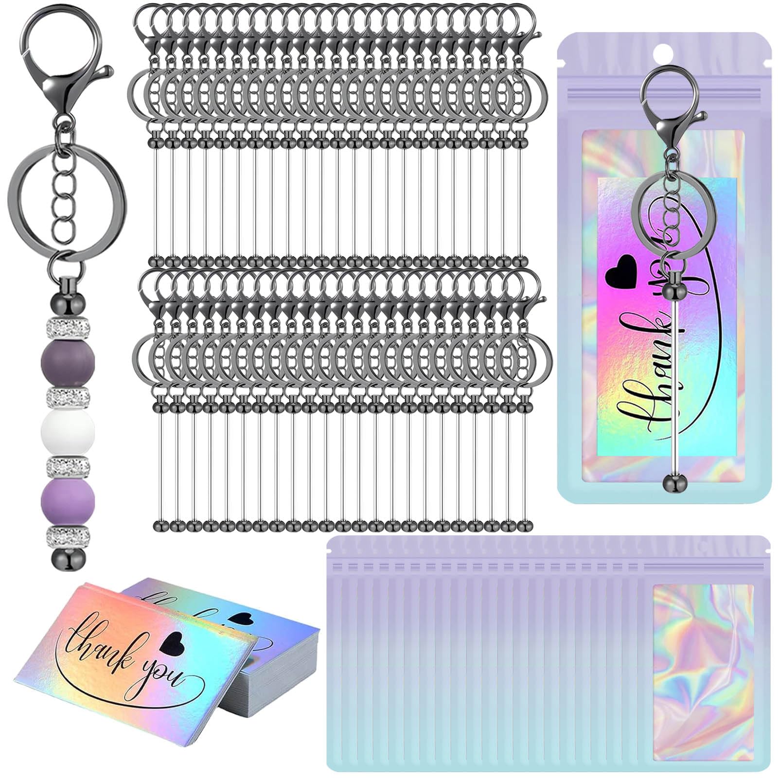 42/84/126 Pcs Beadable Keychain Bars Bulk Blank DIY Beaded Keychain Making Supplies with Bag Thank You Card