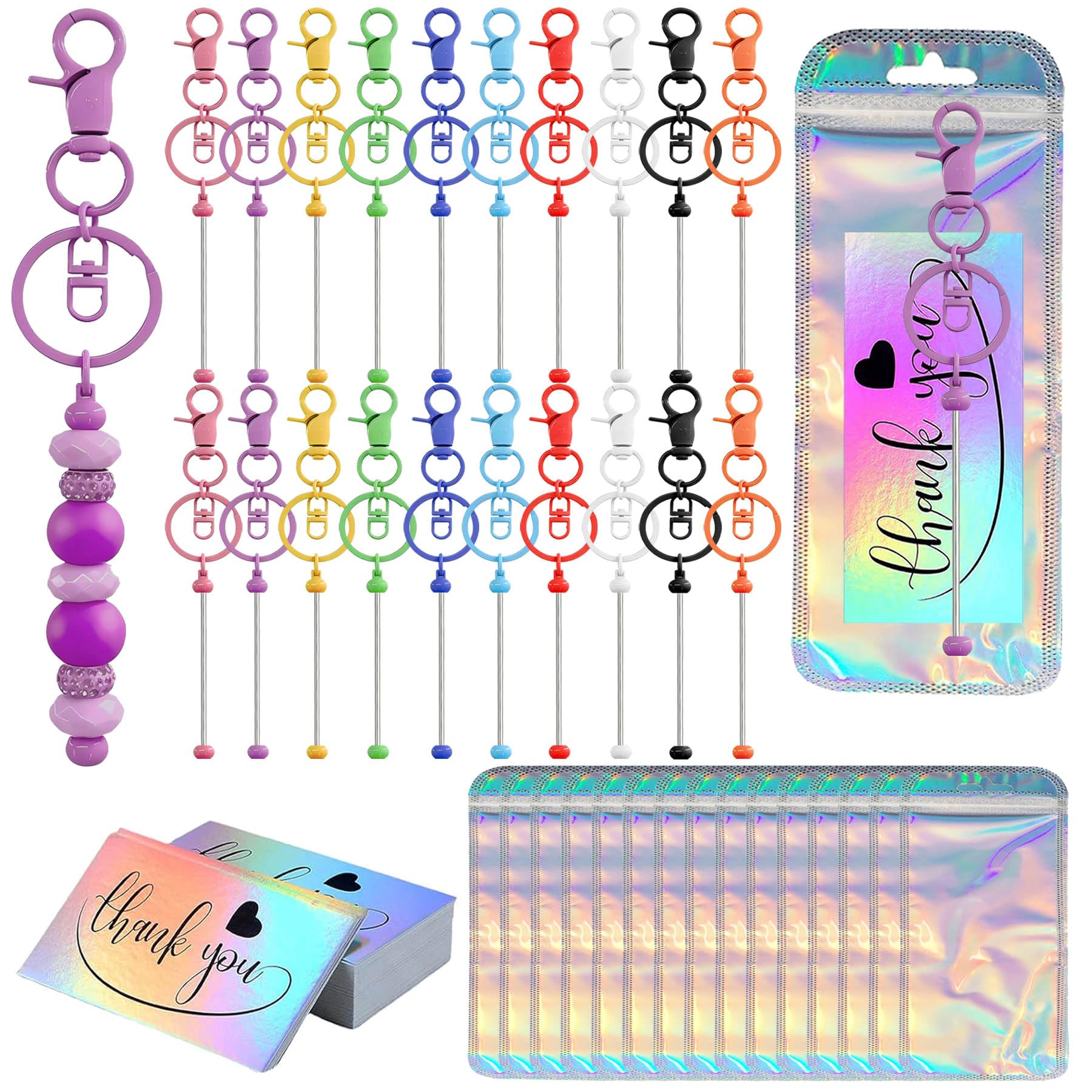 42/84/126 Pcs Beadable Keychain Bars Bulk Blank DIY Beaded Keychain Making Supplies with Bag Thank You Card