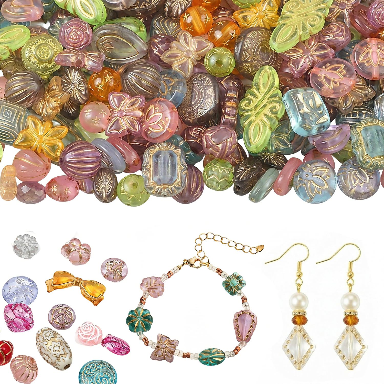 120-160Pcs Cute Assorted Kawaii Aesthetic Beads 100G Vintage Bohemian Acrylic Bead in Bulk Round Oval Butterfly Flower Czech Style Beads Jewelry Making Metal Enlaced Charm DIY Craft（Dark Colorful）