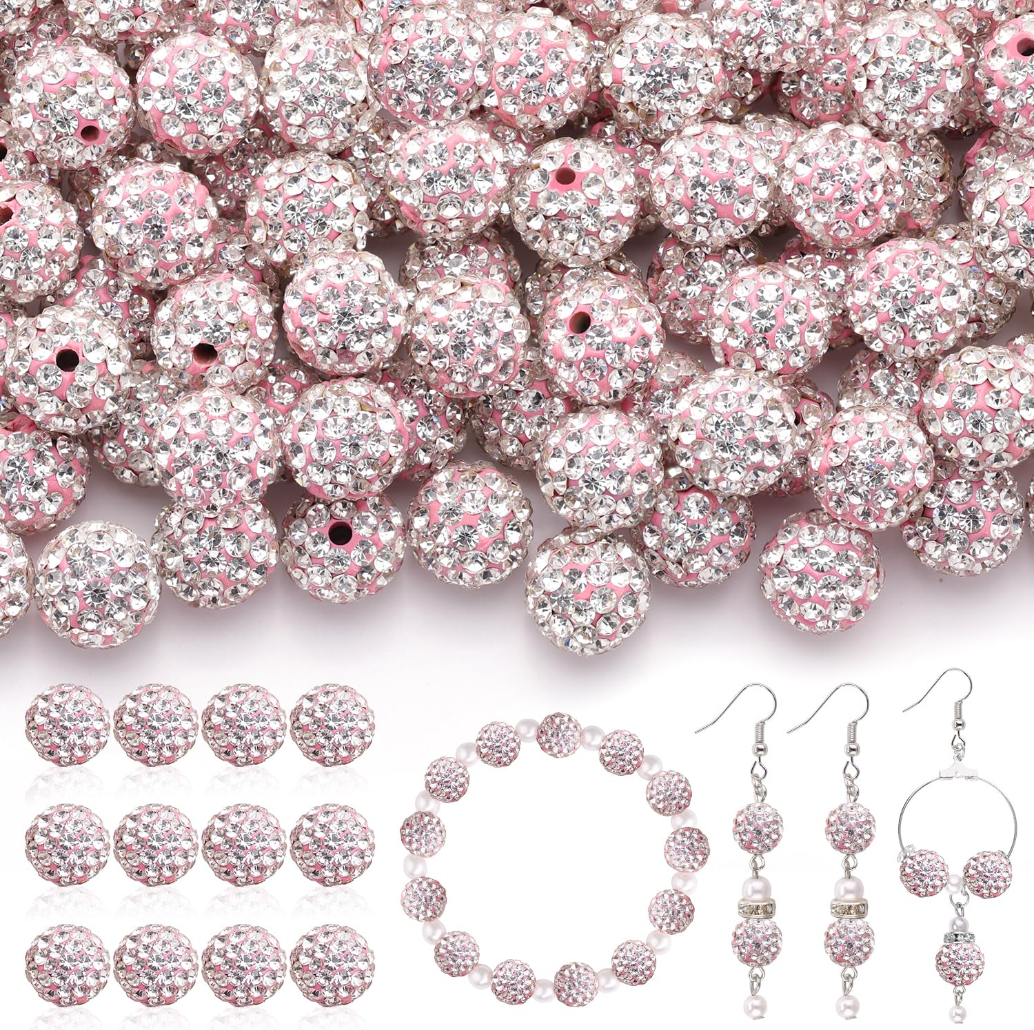 120 pcs 10mm Rhinestone Beads for Jewelry Making, 12 Mixed Colors Shiny Round Shamballa Disco Ball Beads, Sparkle Crystal Clay Christmas for Bracelet Baseball Necklace Earring and DIY