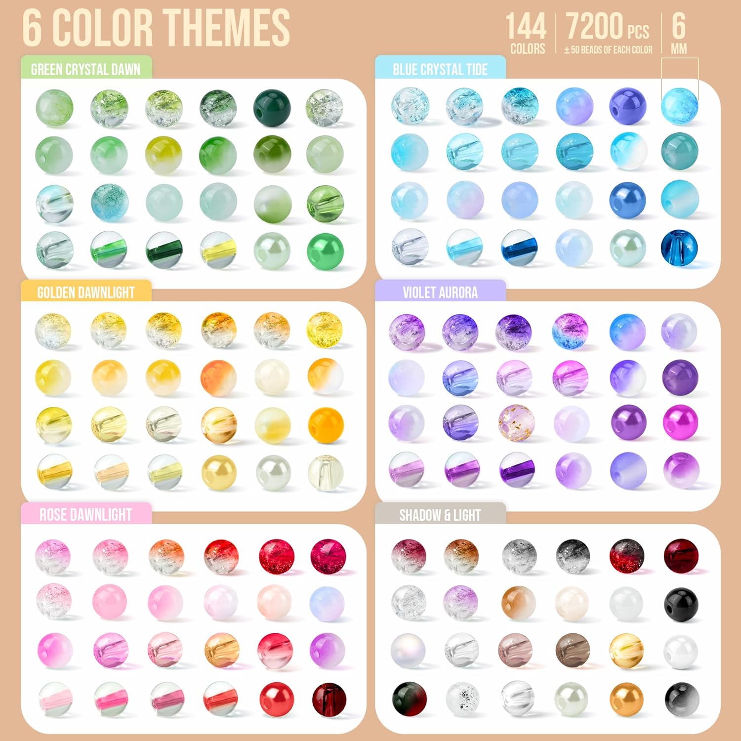 7200PCS 6mm Glass Beads Bracelet Making Kit, 144 Colors Assorted Crystal Beads for Bracelets and Jewelry Making, Round Crackle Glass Beads for DIY Necklace Friendship Bracelets Earring Crafts