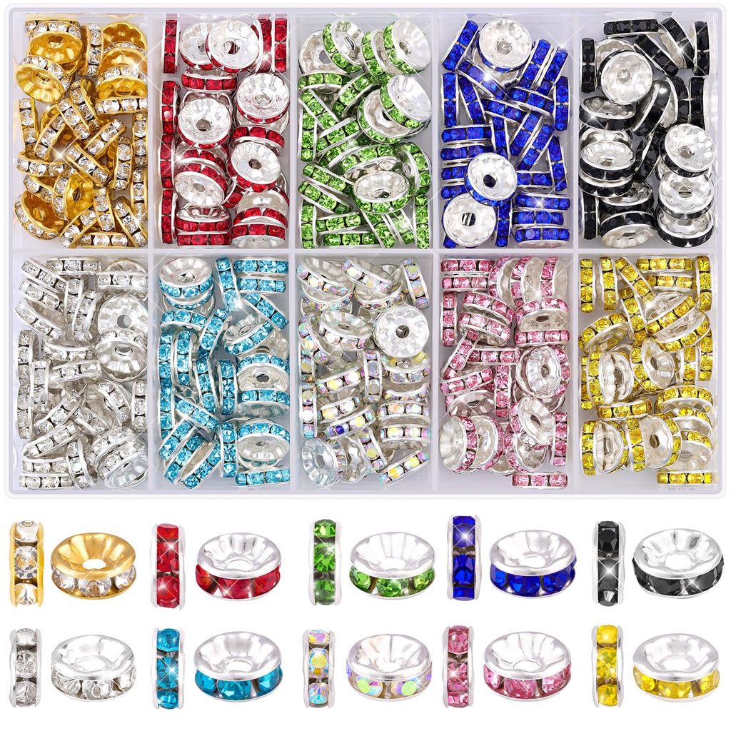 TINKRSTUFF 900 pcs 8mm Spacer Beads for Jewelry Making, 15 Colors Rondelle Bead Spacers Box, Fancy Sparkle Crystal Rhinestone Loose Beads for Bracelet Necklace Earring and Pens DIY Dec