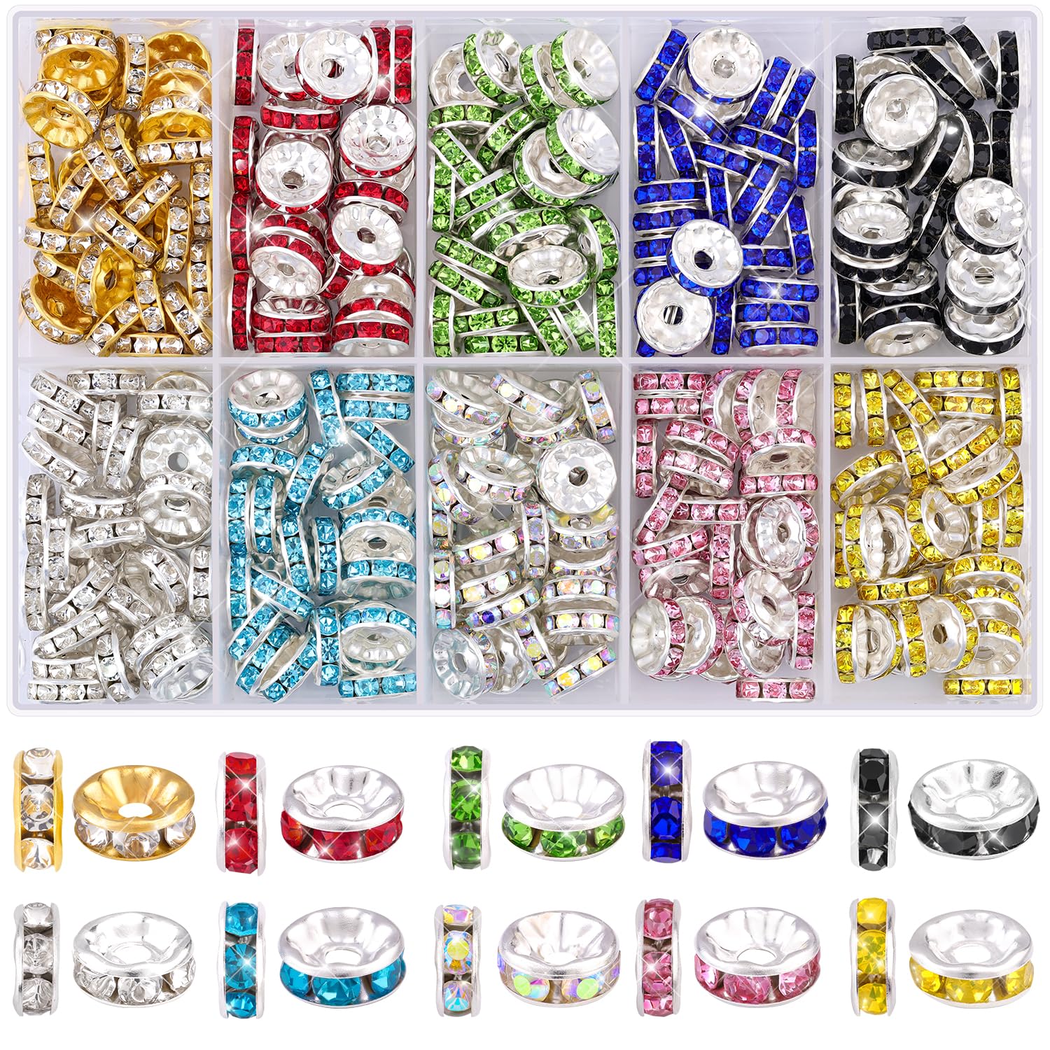 TINKRSTUFF 900 pcs 8mm Spacer Beads for Jewelry Making, 15 Colors Rondelle Bead Spacers Box, Fancy Sparkle Crystal Rhinestone Loose Beads for Bracelet Necklace Earring and Pens DIY Dec