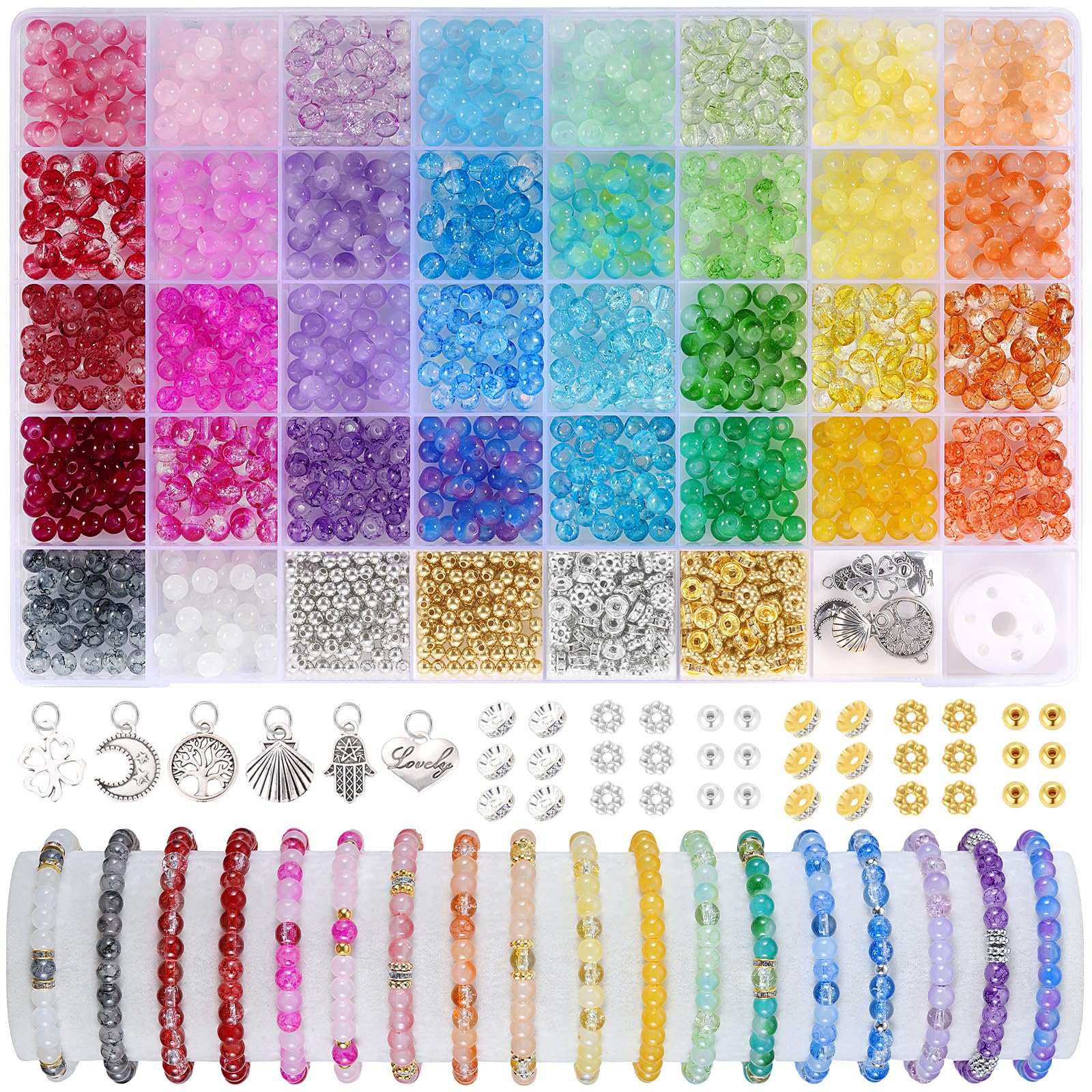 1368pcs 6mm Glass Beads for Bracelets, 34 Colors Crystal Beads for Jewelry Making, Funtopia Round Glass Beads for DIY Earrings Necklace Crafts with Spacer Beads and Charms, Solid and Gradient Colors