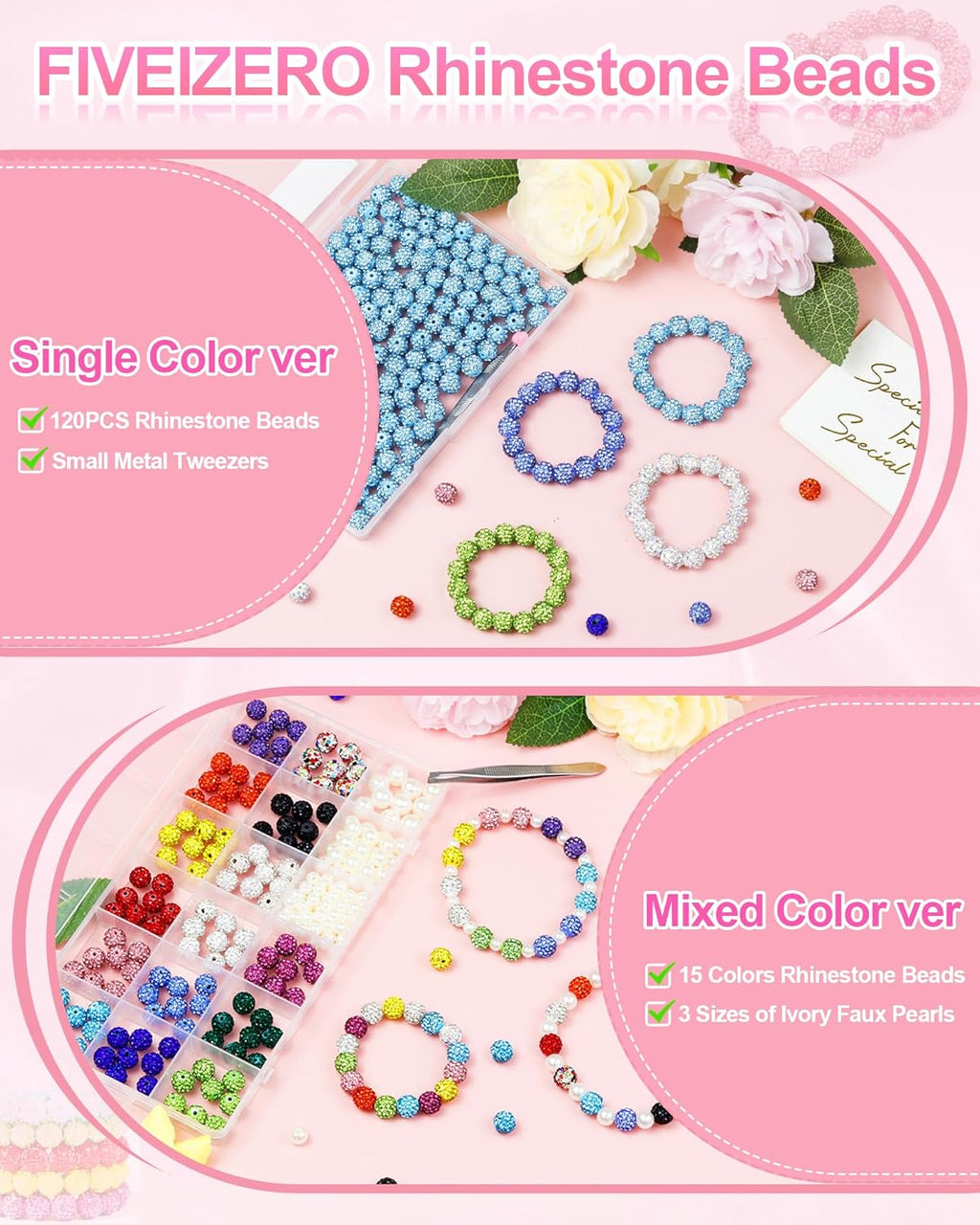 200PCS FIVEIZERO Rhinestone Beads for Jewelry Making, 15 Colors Round Sparkle Crystal Clay Bead Bulk Sparkly Baseball Necklace Beads for Bracelets and DIY Crafts