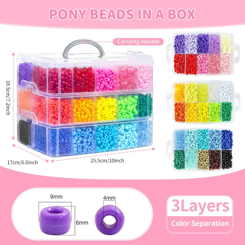 Pony Beads Bulk for Jewelry Making, 30+ Colorful 10000+Perler Beads for Bracelets, Necklaces & Crafts, Premium Plastic Beads Kit