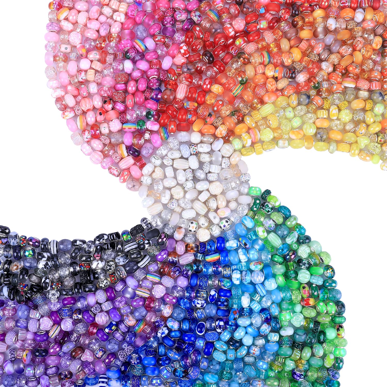 Aipridy Large Hole European Beads, Assorted Mixed Color Lampwork Spacer Beads for DIY Bracelet Jewelry Making, Craft Supplies Kit (100, White)